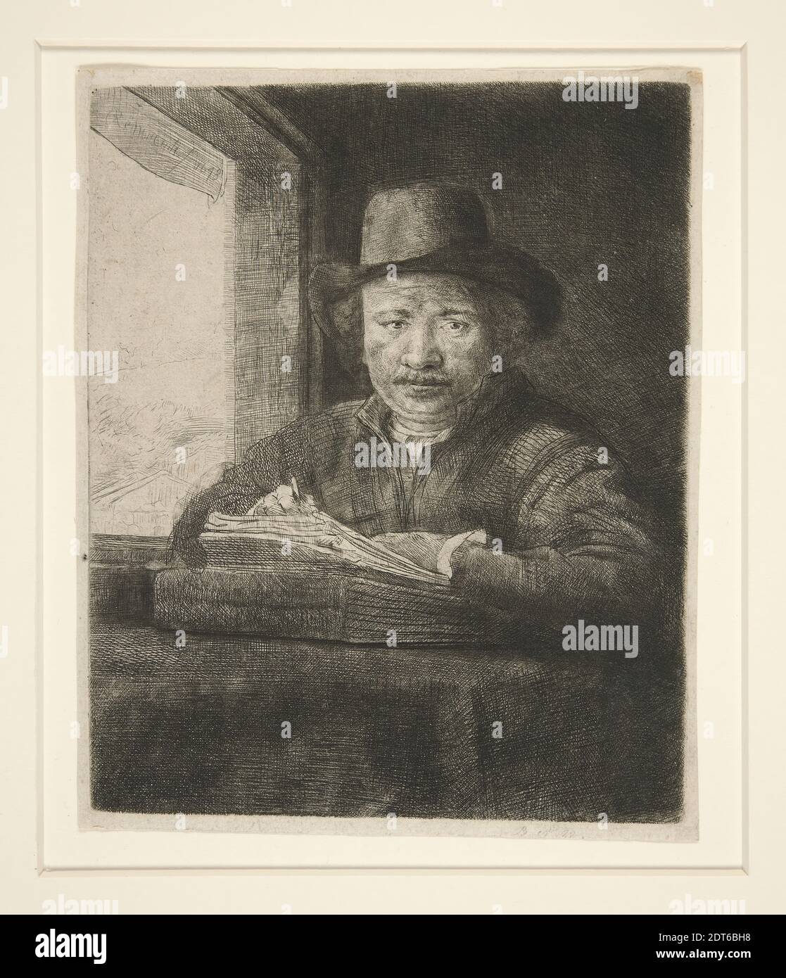 Artiste: Rembrandt (Rembrandt van Rijn), Néerlandais, 1606–1669, dessin autoportrait à une fenêtre, Etching, point sec, et burin, platemark: 16 × 13 cm (6 5/16 × 5 1/8 in.), fait aux pays-Bas, Néerlandais, 17ème siècle, oeuvres sur papier - estampes Banque D'Images