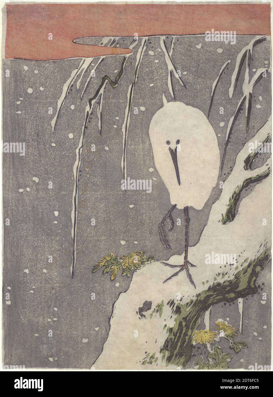 Artiste, style de: Isoda Koryūsai, japonais, actif ca. 1764–88, Héron blanc et saule, XVIIIe siècle, imprimé en polychrome, sans cadre : 9 3/4 × 7 1/8 po. (24.8 × 18.1 cm), bien que moins connu que d'autres graveurs du XVIIIe siècle, Isoda Koryūsai est l'artiste le plus productif de son temps. Cette scène vintaise d'un héron reposant sur un saule recouvert de neige appartient à la catégorie de kachō-ga, les peintures aux fleurs et aux oiseaux pour lesquelles Koryūsai est connu. La forme stylisée du nuage de couleur orange rouillé est également associée à l’œuvre de Koryūsai. Banque D'Images