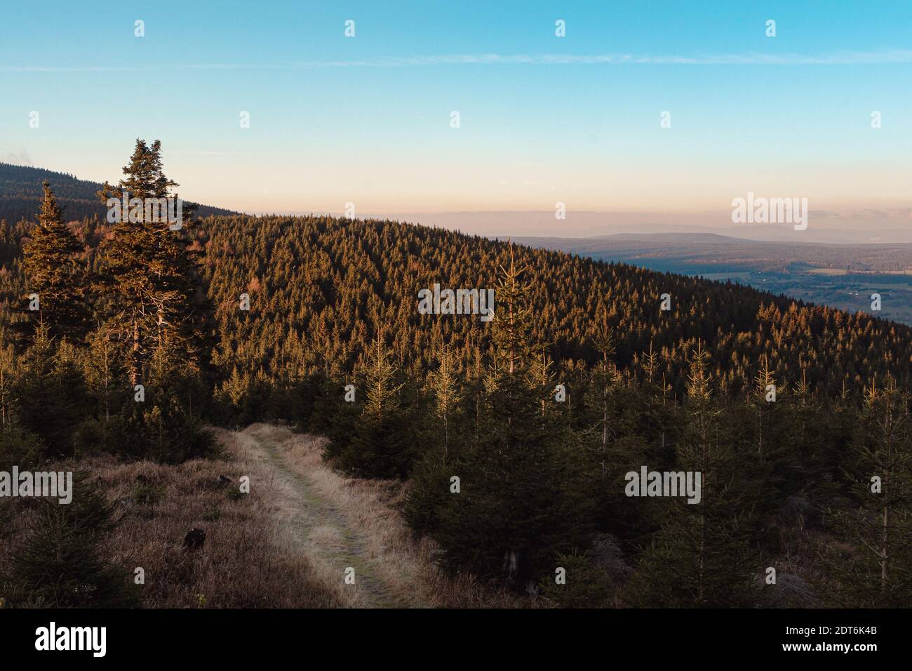 L'orange verte est la plus forte des montagnes des républiques tchèques Orlicke hory avec chemin au coucher du soleil Banque D'Images