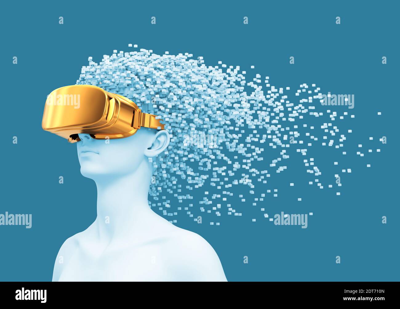 Jeune femme portant des lunettes VR d'or et des pixels 3D comme Cheveux Banque D'Images