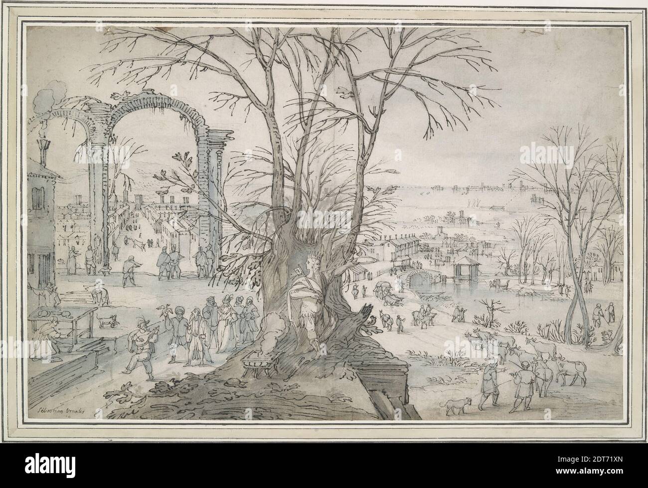 Artiste: Lodewijk Toeput (Pozzoserrato), Flamand, ca. 1550 environ 1605, Allegory of Winter, stylo et encre gris-noir et gris et bleu laver sur le dessin préliminaire en crayon, feuille: 27.3 × 41.6 cm (10 3/4 × 16 3/8in.); encadré: 43.815 × 59.055 cm (17 1/4 × 23 1/4in.), entraîné à Anvers, Lodewijk Toeput a fait ce qui était devenu un voyage traditionnel en Italie mais, contrairement à beaucoup de ses compatriotes, a décidé de s'y installer. Plus tard visité par de nombreux artistes d'Europe du Nord, il a servi de contact important dans l'échange d'idées et de styles entre les pays Bas et l'Italie. Banque D'Images