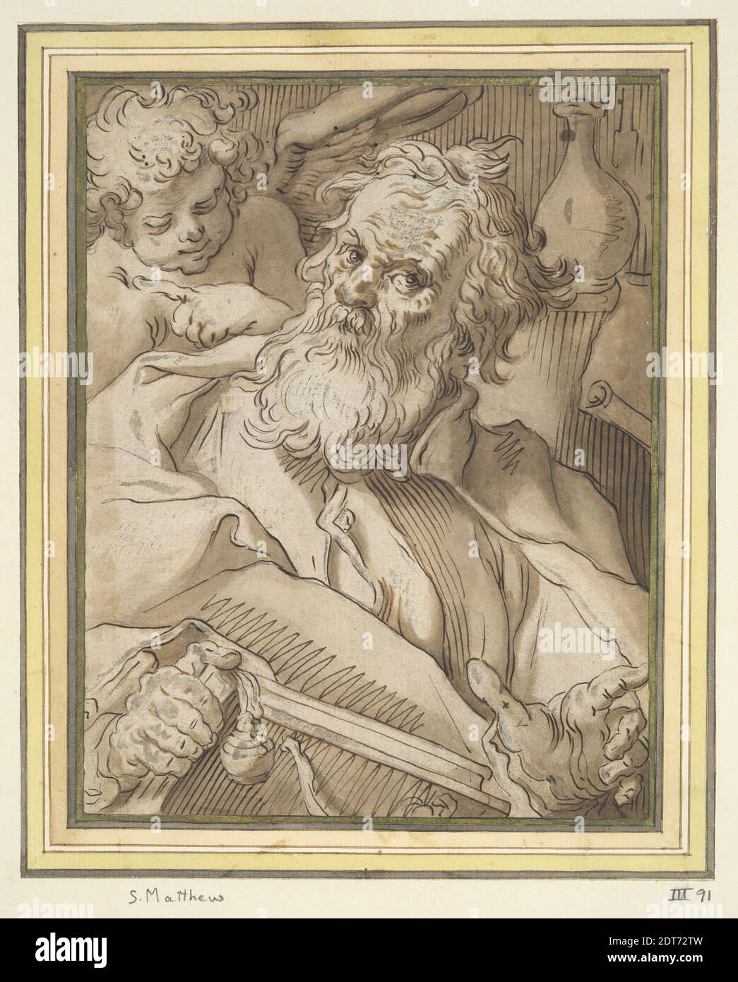 Artiste, cercle de: Abraham Bloemaert, néerlandais, 1566–1651, Saint Matthieu, XVIIe siècle, encre stylo et brune et lavage brun sur graphite rehaussé de blanc (partiellement oxydé), feuille: 19.1 × 14.7 cm (7 1/2 × 5 13/16 in.), fabriqué aux pays-Bas, néerlandais, XVIIe siècle, œuvres sur papier - dessins et aquarelles Banque D'Images