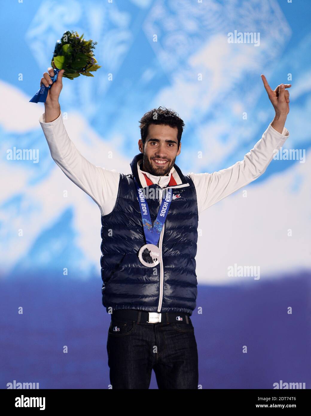 Martin Fourcade (argent) de France lors de la cérémonie du podium pour la course de départ en masse de 15 km (biathlon) pour les hommes aux 22e Jeux Olympiques d'hiver. Sotchi, Russie, 18 février 2014. Photo de Zabulon-Gouhier/ABACAPRES.COM Banque D'Images