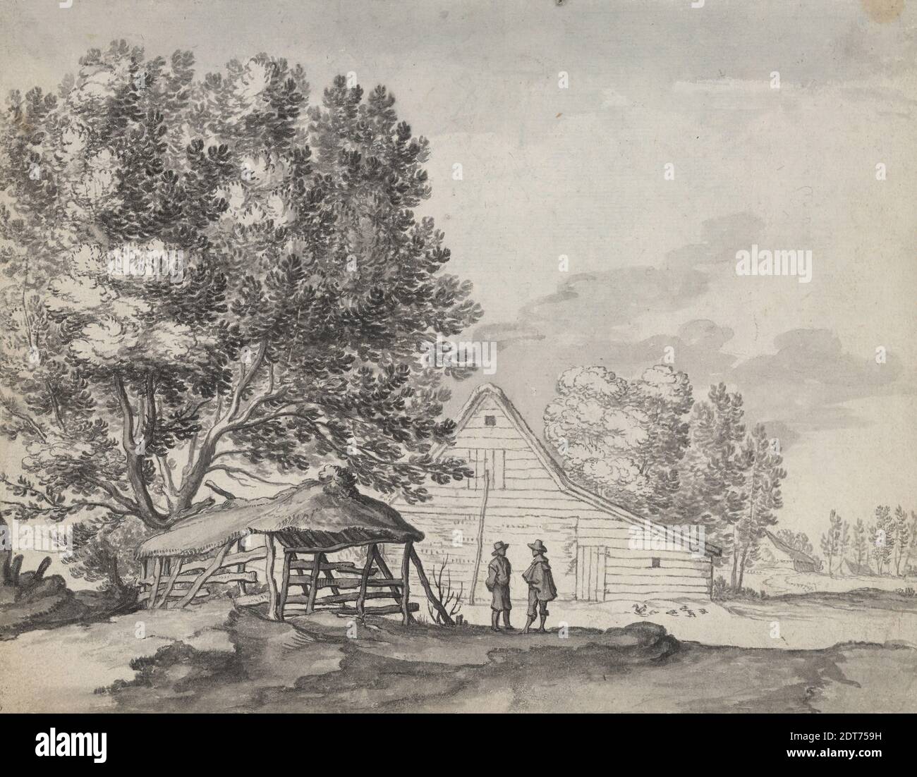 Artiste, style de: Jan Jansz Den Uyl, néerlandais, 1595/96–1639/40, Farm Building with Two Men converting, 17ème siècle, Brush et encre grise et lavage gris, feuille: 14.8 × 19.2 cm (5 13/16 × 7 9/16 in.), fabriqué aux pays-Bas, néerlandais, 17ème siècle, œuvres sur papier - dessins et aquarelles Banque D'Images