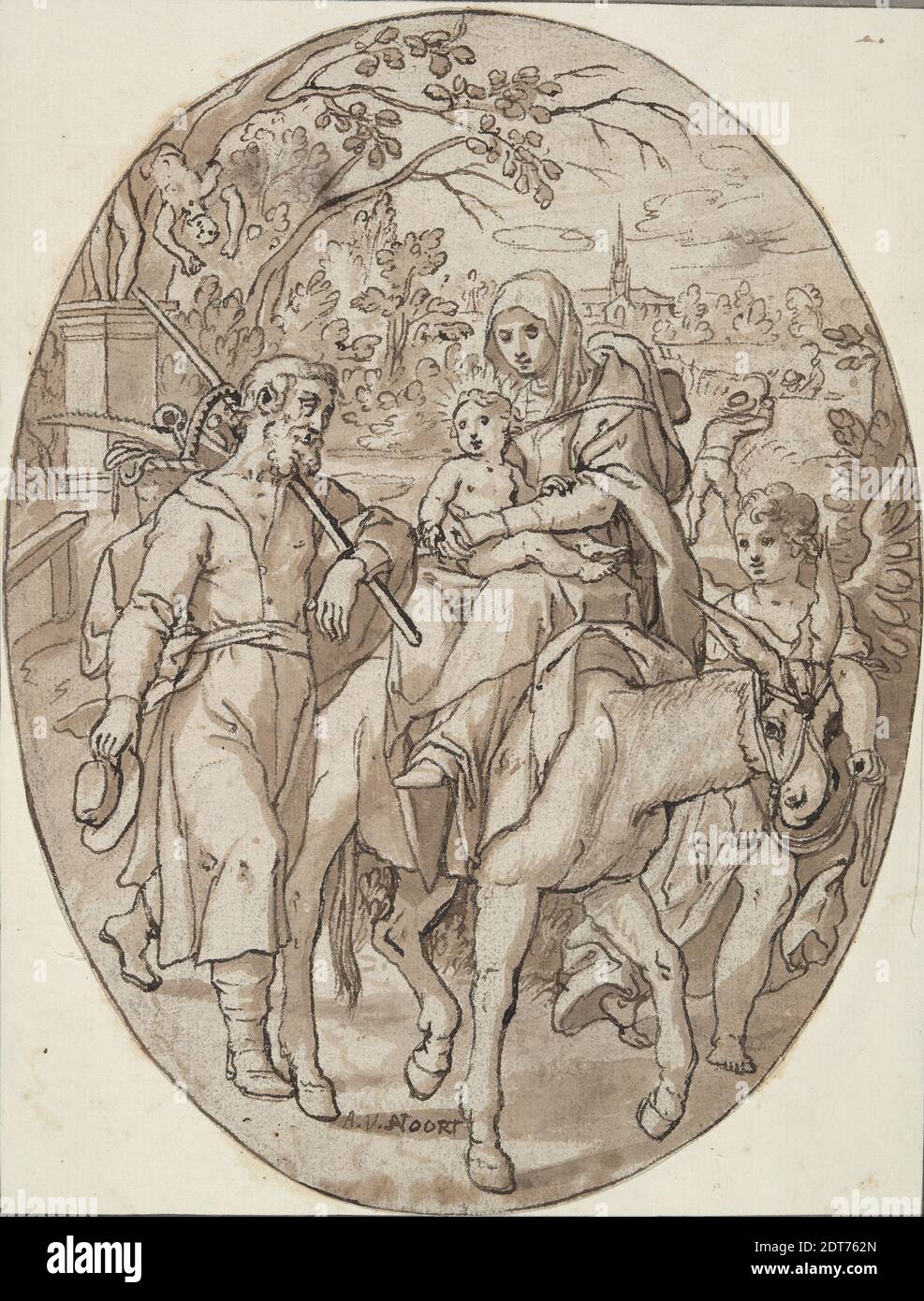 Artiste: Adam van Noort, flamand, 1562–1641, vol en Égypte, encre de plume et brune et lavage brun sur croquis en craie noire, piquant pour transfert, feuille: 21.4 × 16.5 cm (8 7/16 × 6 1/2 po.) (Coupé à un ovale), fait en Flandre, flamande, XVIe siècle, œuvres sur papier - dessins et aquarelles Banque D'Images