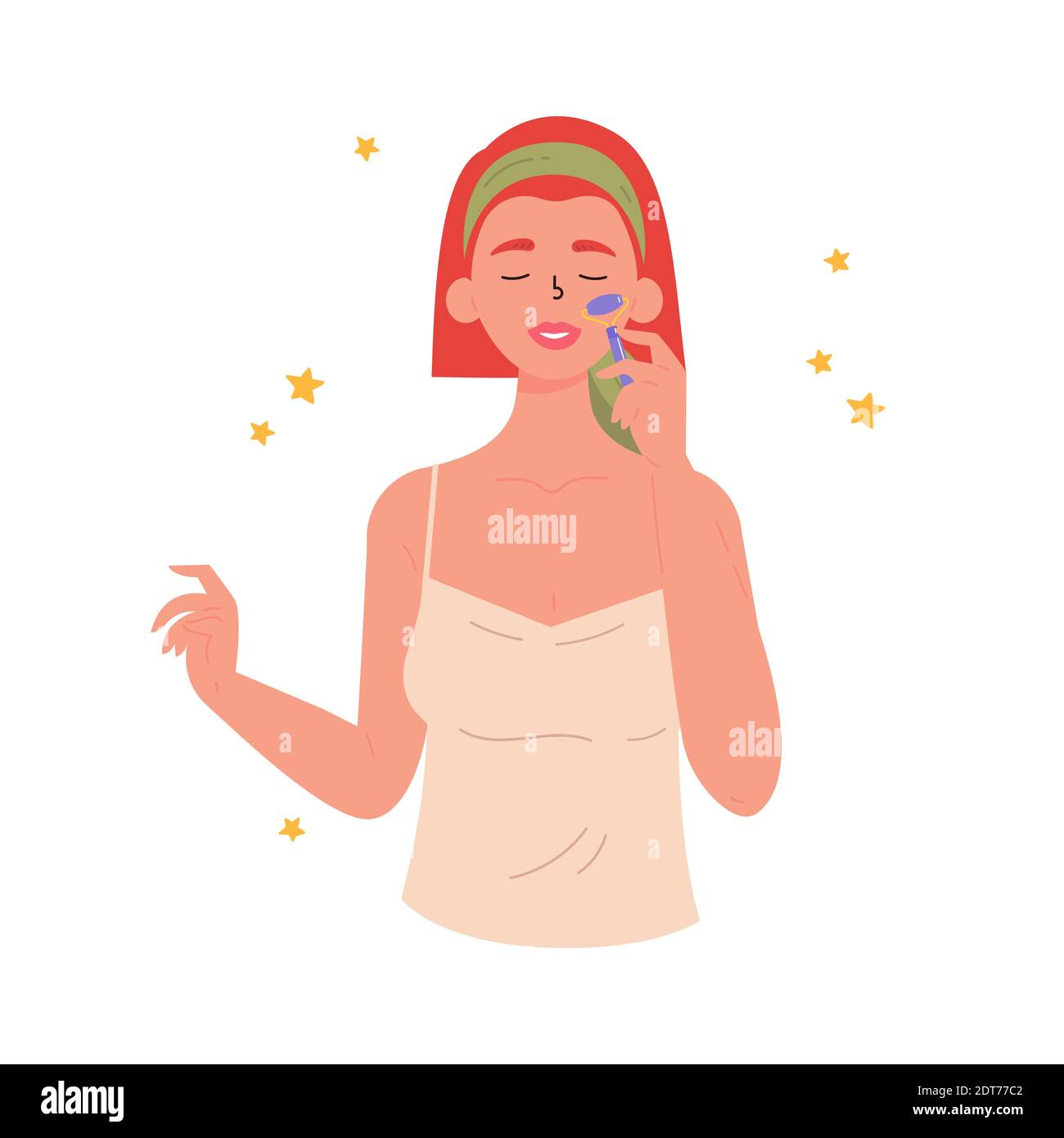 Massage facial Gua Sha. Femme avec jade facial Illustration de Vecteur