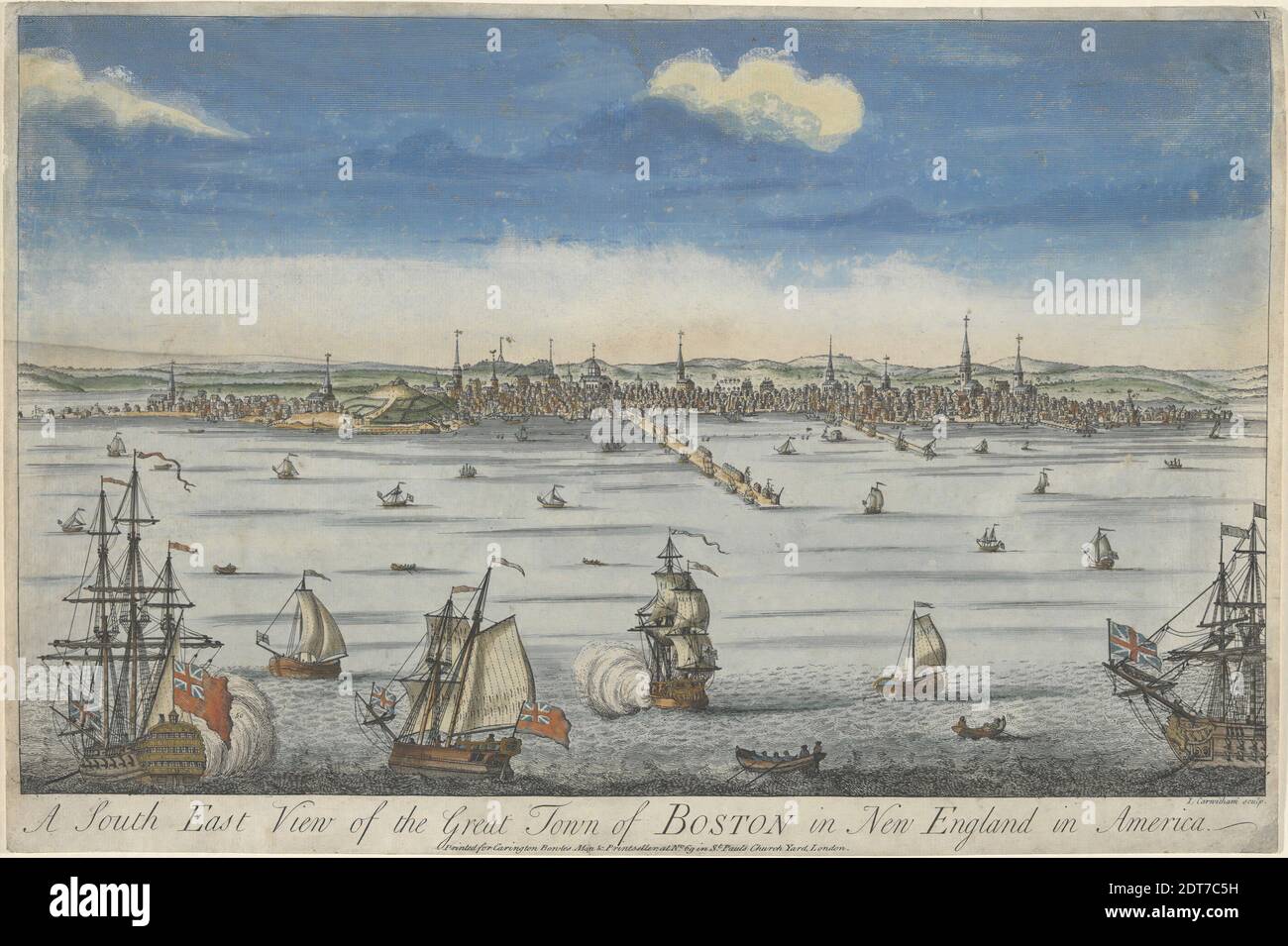 Artiste: John Carwitham, Britannique, actif 1723–41, après: William Burgis, américain, actif 1716–31, UNE vue du sud-est de la Grande ville de Boston en Nouvelle-Angleterre…, probablement 1731–1736, gravure colorée, feuille: 29.85 × 44.77 cm (11 3/4 × 17 5/8 po), Boston et Philadelphie, deux des plus importantes villes nord-américaines du XVIIIe siècle, étaient à la fois des centres maritimes et commerciaux. Leurs ports figurent de manière significative dans ces deux gravures (voir 1946.9.1780), non seulement parce que l'eau libre offrait une vue dégagée, mais aussi parce que les ports jouaient un rôle dominant dans les villes Banque D'Images