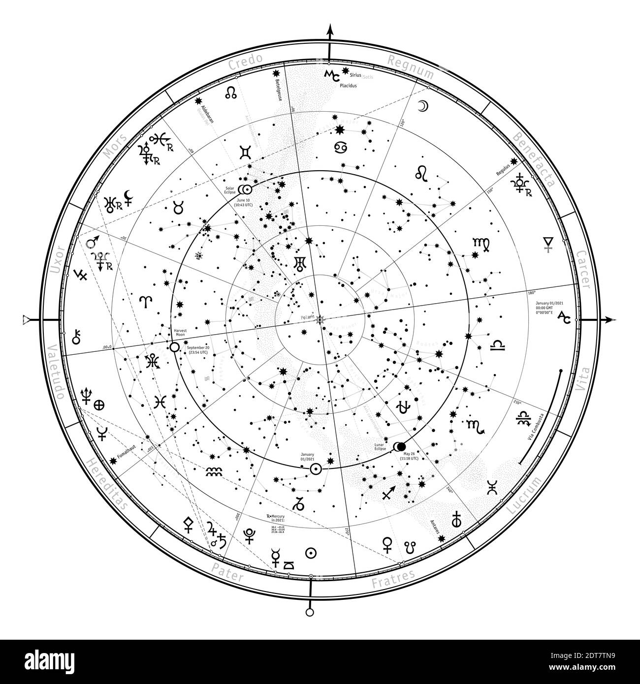 Carte astronomique astrologique de l'hémisphère Nord. Horoscope pour le 1er janvier 2021 (00:00 GMT). Banque D'Images