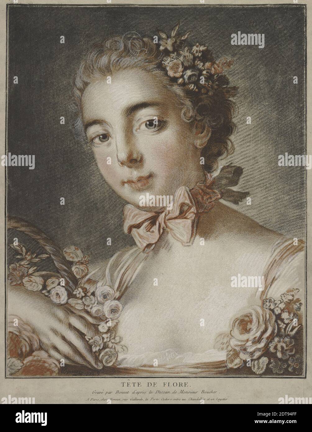 Graveur : Louis-Marin Bonnet, français, 1736–1793, après : François Boucher, français, 1703–1770, tête de flore, gravure pastel, image : 41.5 × 33.5 cm (16 5/16 × 13 3/16 po), on ne sait pas combien d'impressions de cette version de tête de flore, dans les tons de brun et de rouge, ont été imprimées, mais il est extrêmement rare. L'effet est plus subdué que la célèbre image classique imprimée à partir de huit plaques. , fabriqué en France, Français, 18ème siècle, oeuvres sur papier - tirages Banque D'Images