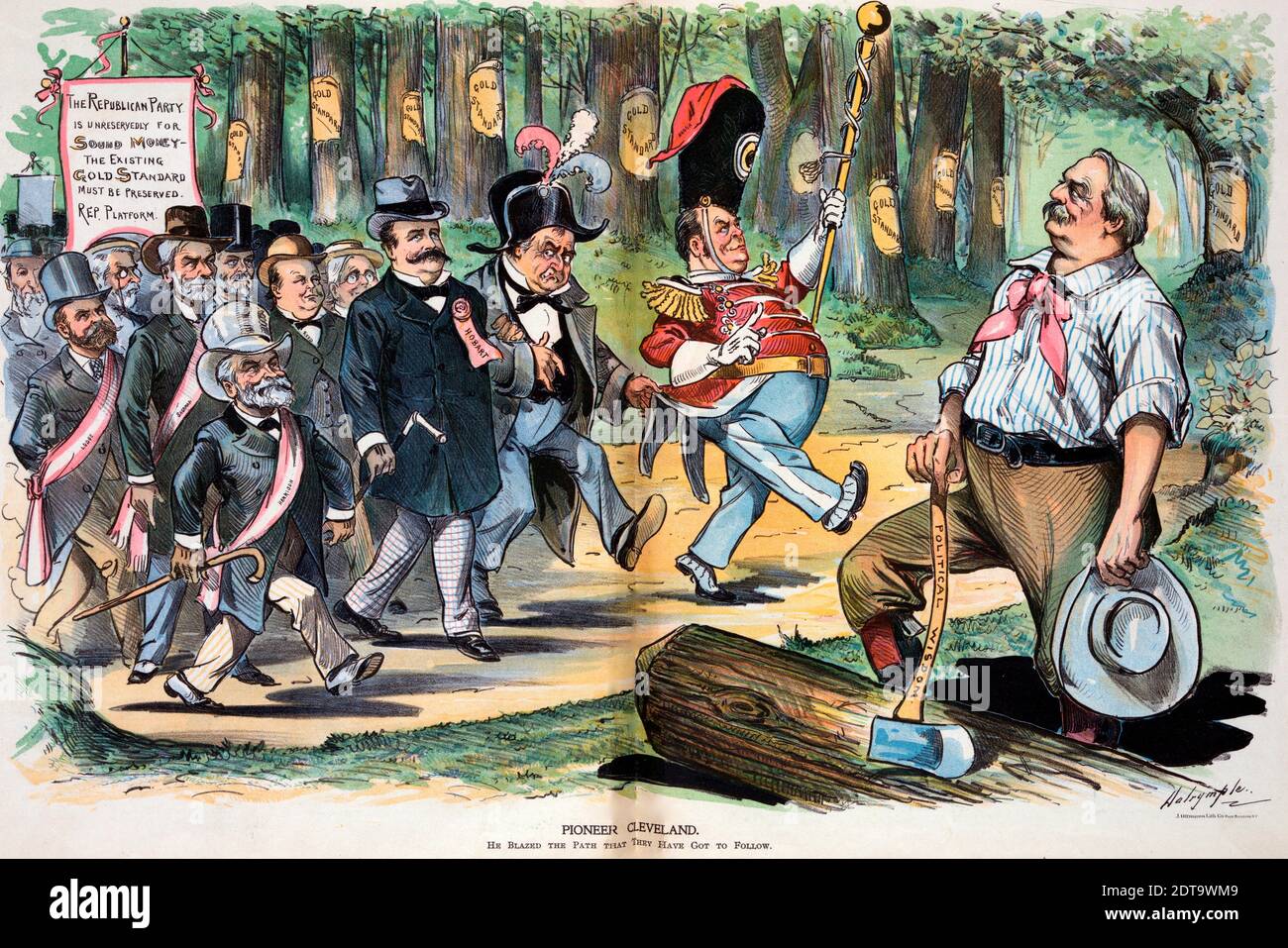 La caricature de Louis Dalrymple du magazine Puck : le président Grover Cleveland (à droite) a ouvert la voie en adhérant fermement à la norme d'or, que Puck considère comme « de l'argent » : Cleveland a suspendu son travail pour assister à la « parade de l'argent ». Mark Hanna est le grand tambour, le candidat républicain à la présidence William McKinley (habillé comme Napoléon, Qui il aurait été à ressembler) et le candidat à la vice-présidence Garret Hobart sont dans la première rangée derrière lui, l'ancien président Benjamin Harrison (avec la canne brune) est également dans la première rangée, Henry Cabot Lodge, John Sherman, Thomas Reed, et Banque D'Images