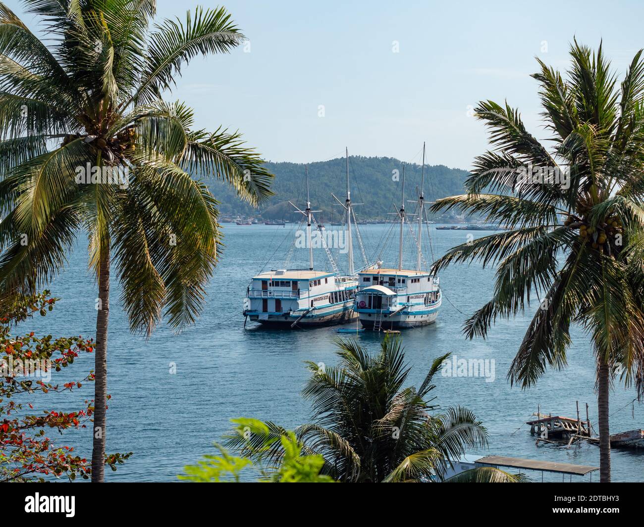 Des bateaux de plongée sont amarrés au détroit de Lembeh, entre Bitung, au nord de Sulawesi, et l'île de Lembeh, en Indonésie. Le détroit de Lembeh est connu pour cela Banque D'Images