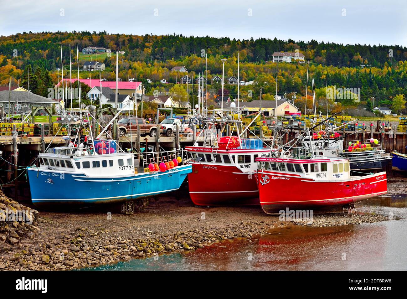 Image horizontale de bateaux de pêche colorés de la côte est reliés au quai d'Alma Nouveau-Brunswick à marée basse. Banque D'Images