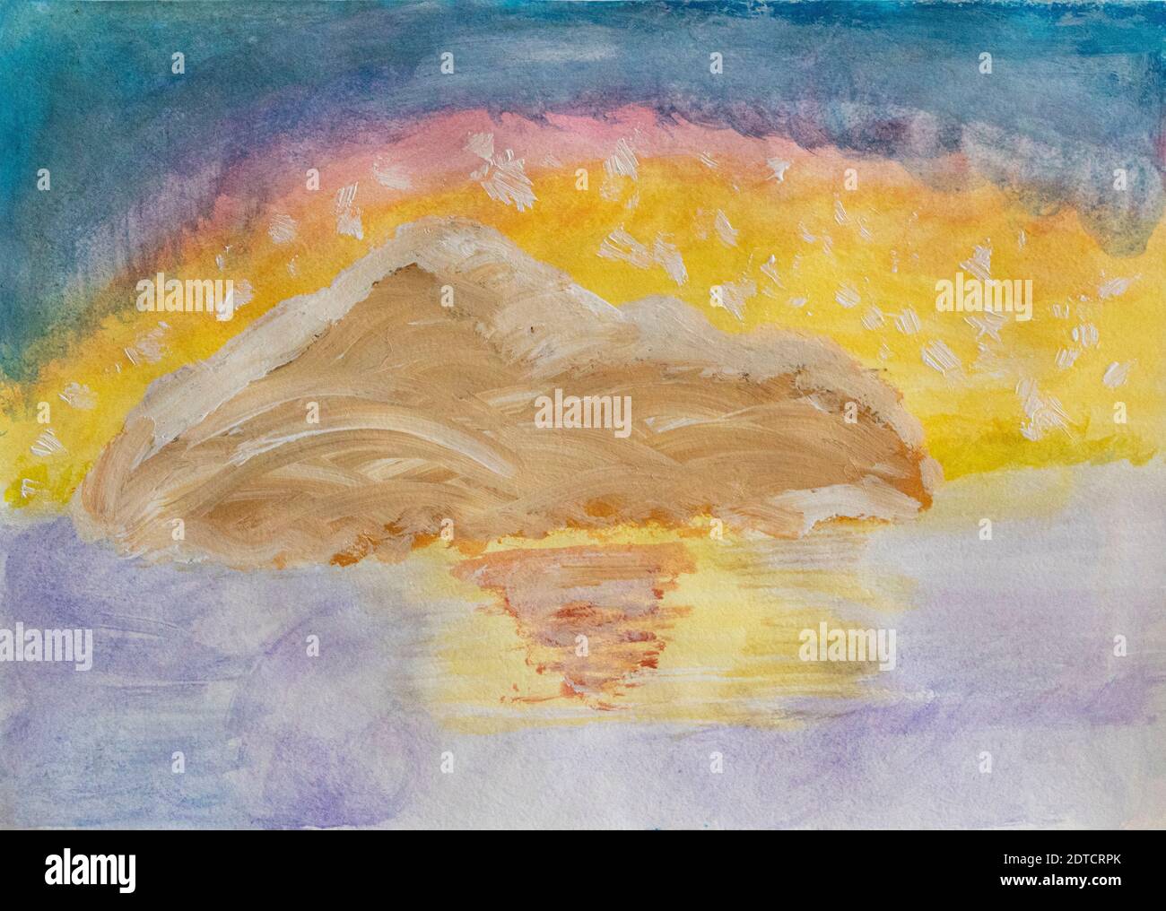 Imaginez la mer de montagne et le coucher de soleil. L'image est peinte en acrylique Banque D'Images