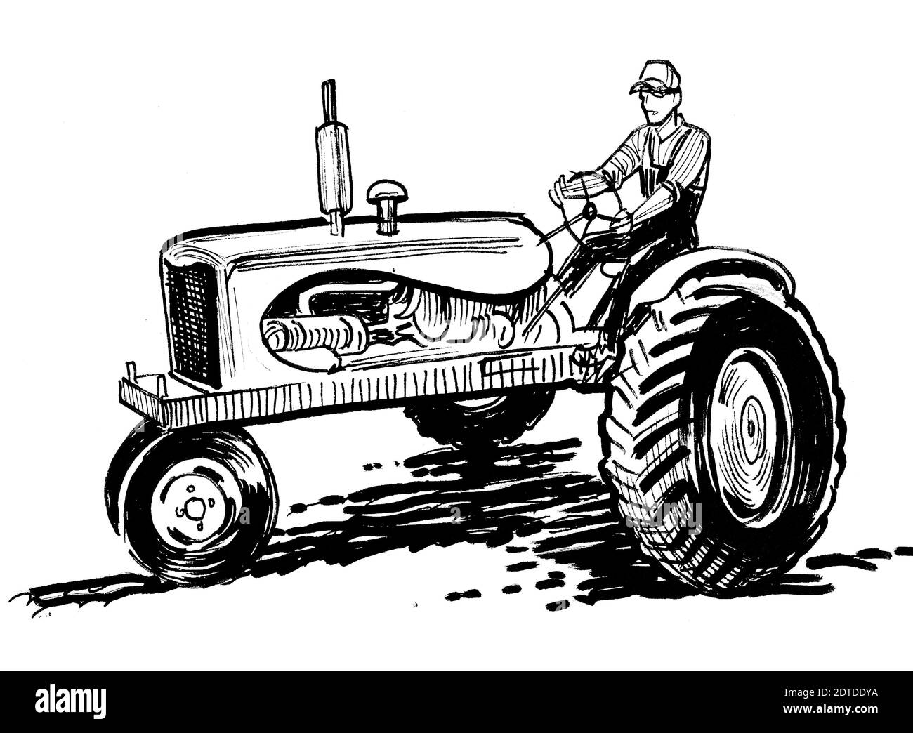 Agriculteur sur tracteur rétro. Dessin noir et blanc Banque D'Images