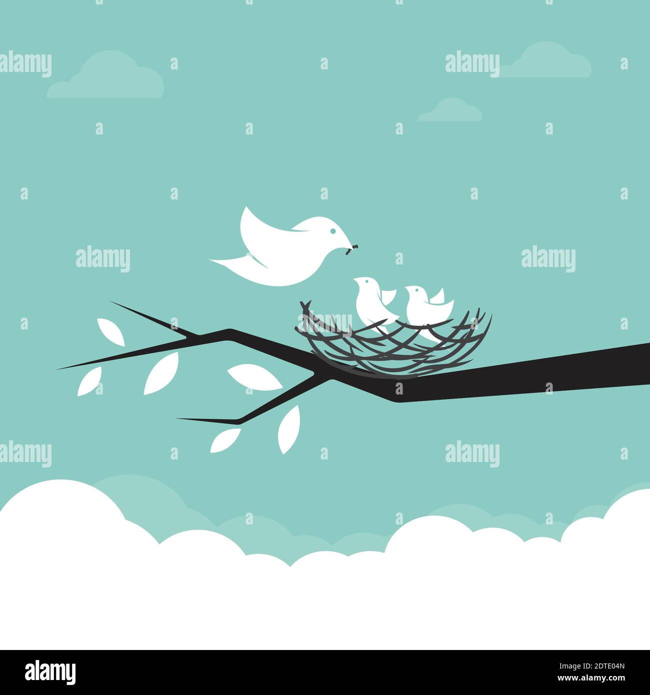 Famille d'oiseaux qui nourrissent le bébé, illustration. Illustration vectorielle superposée facile à modifier. Animaux. Illustration de Vecteur