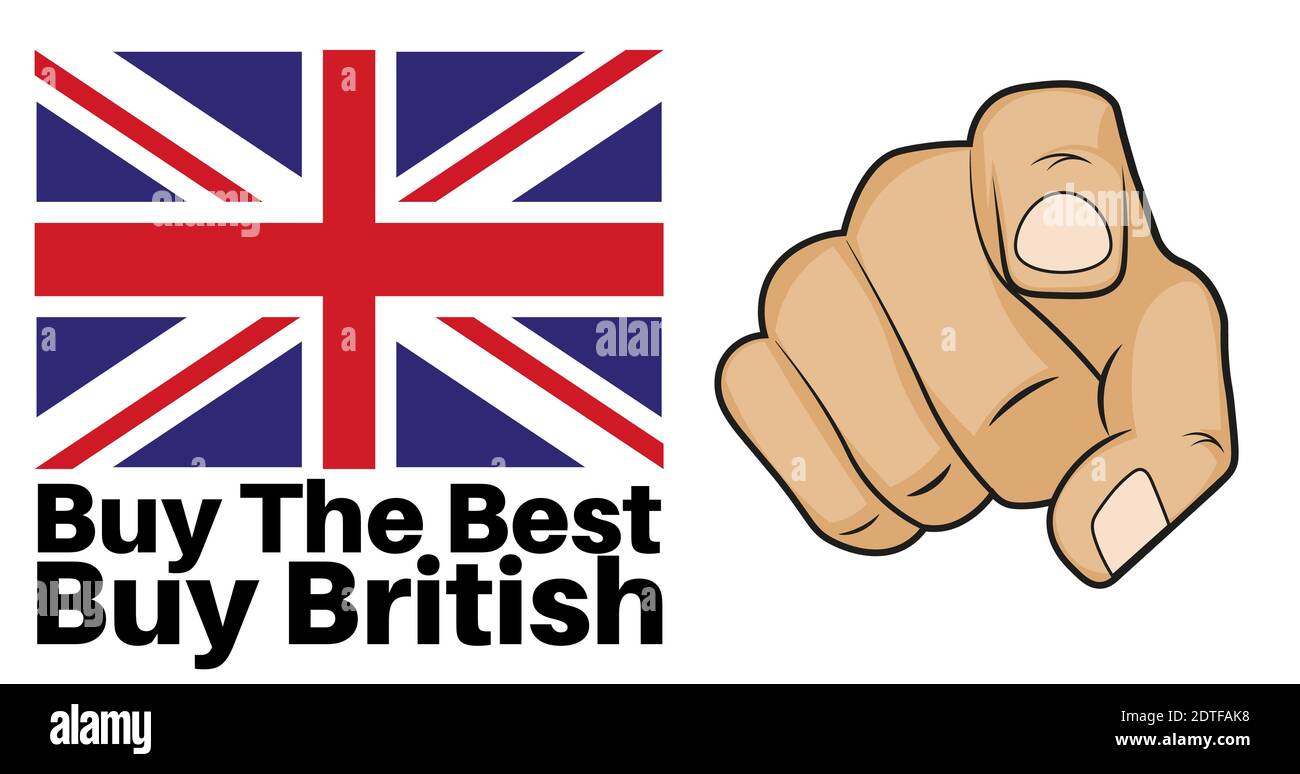 Acheter le meilleur - Acheter l'illustration de vecteur britannique avec drapeau britannique et main de pointage sur un fond blanc. Illustration de Vecteur