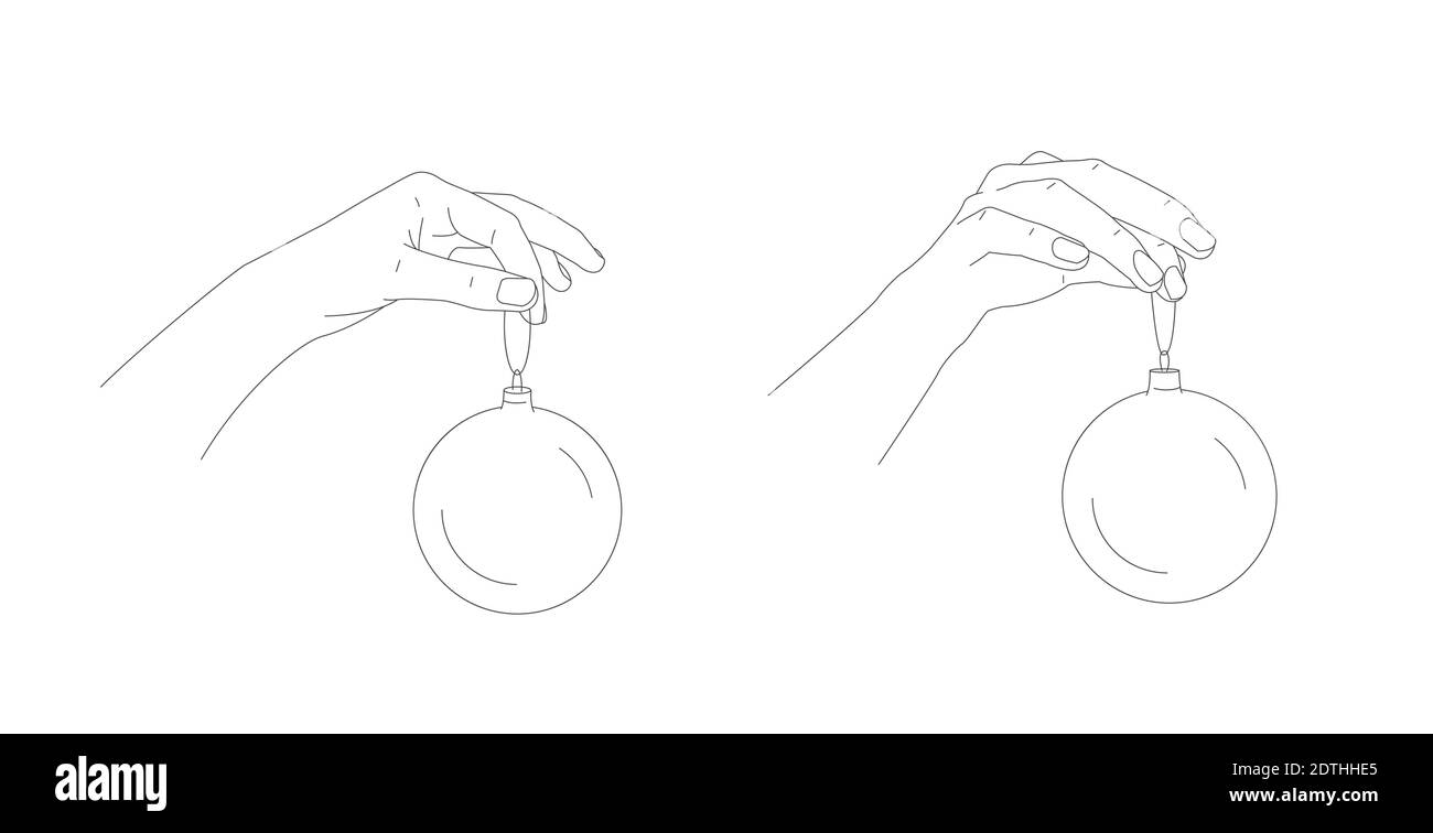 Illustration de la main tenant une boule de Noël, deux positions de main. Esquissez une illustration vectorielle de style art au trait, isolée sur un arrière-plan blanc. Illustration de Vecteur