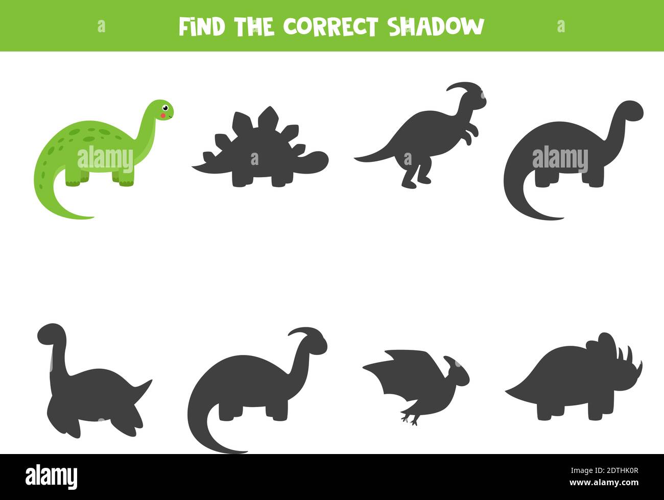 Trouvez l'ombre d'un joli dessin animé brontosaurus. Jeu logique pour les enfants. Illustration de Vecteur