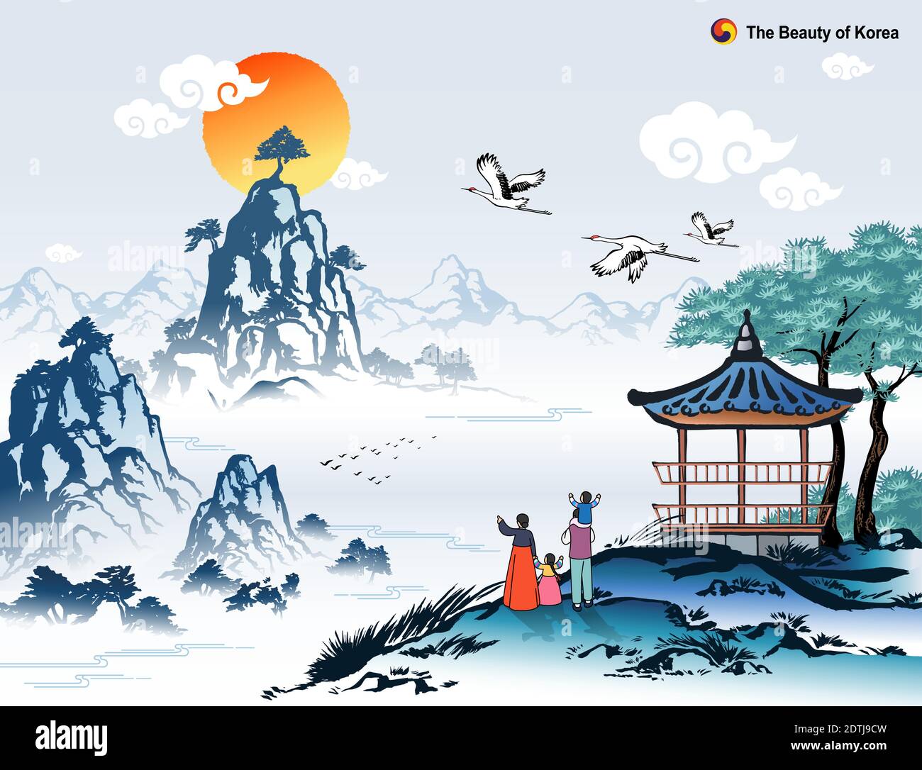 Belle Corée, lever du soleil du nouvel an et paysage naturel, famille portant hanbok traditionnel, illustration vectorielle traditionnelle coréenne. Illustration de Vecteur