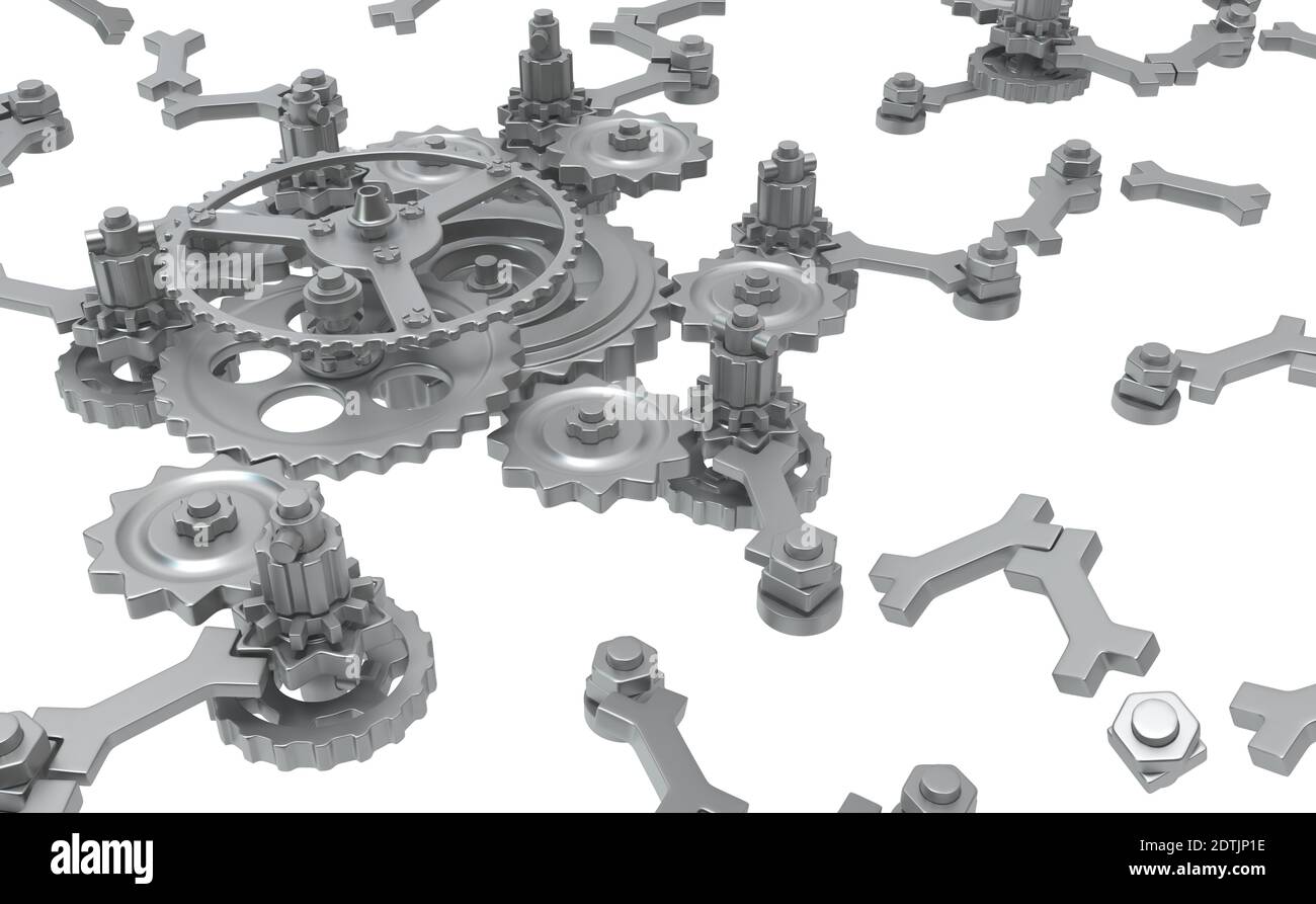 Mécanisme d'engrenage complexe de métal osseux illustration 3d, isolée, sur fond blanc, horizontale Banque D'Images