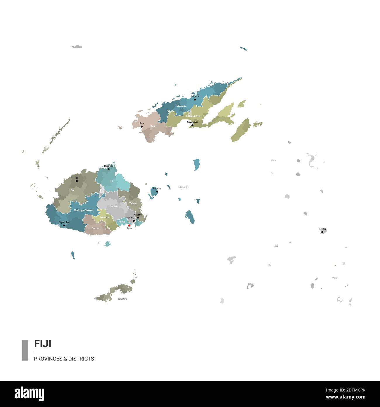 Carte détaillée du higt des Fidji avec subdivisions. Carte administrative des Fidji avec le nom des districts et des villes, colorée par les États et les districts administratifs. V Illustration de Vecteur