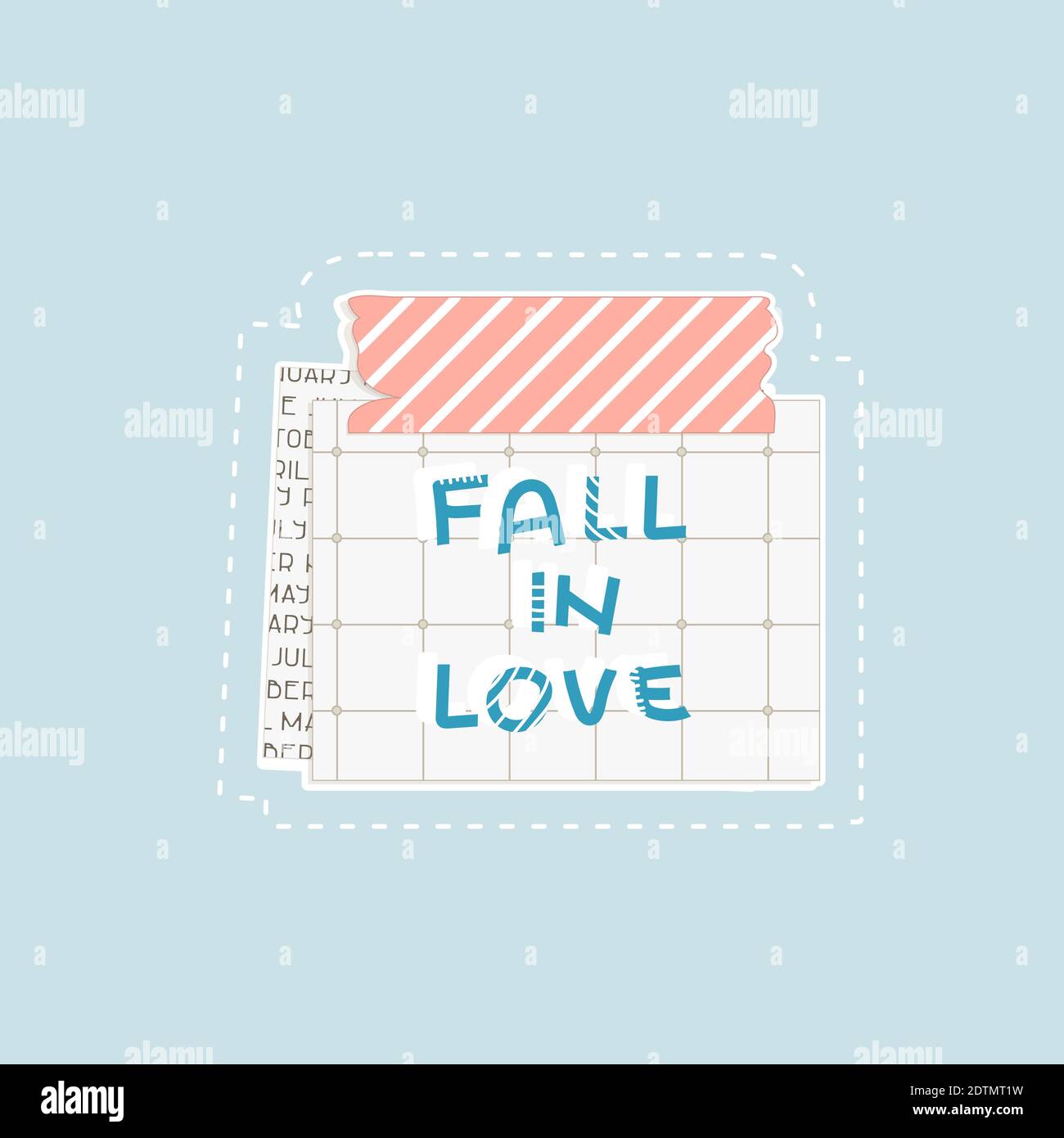 Automne dans l'amour lettrage bleu texte pour le jour de Valentines sur papier carré avec des points. Il y a un morceau de journal sous cette paix de papier, rose scotch t Illustration de Vecteur