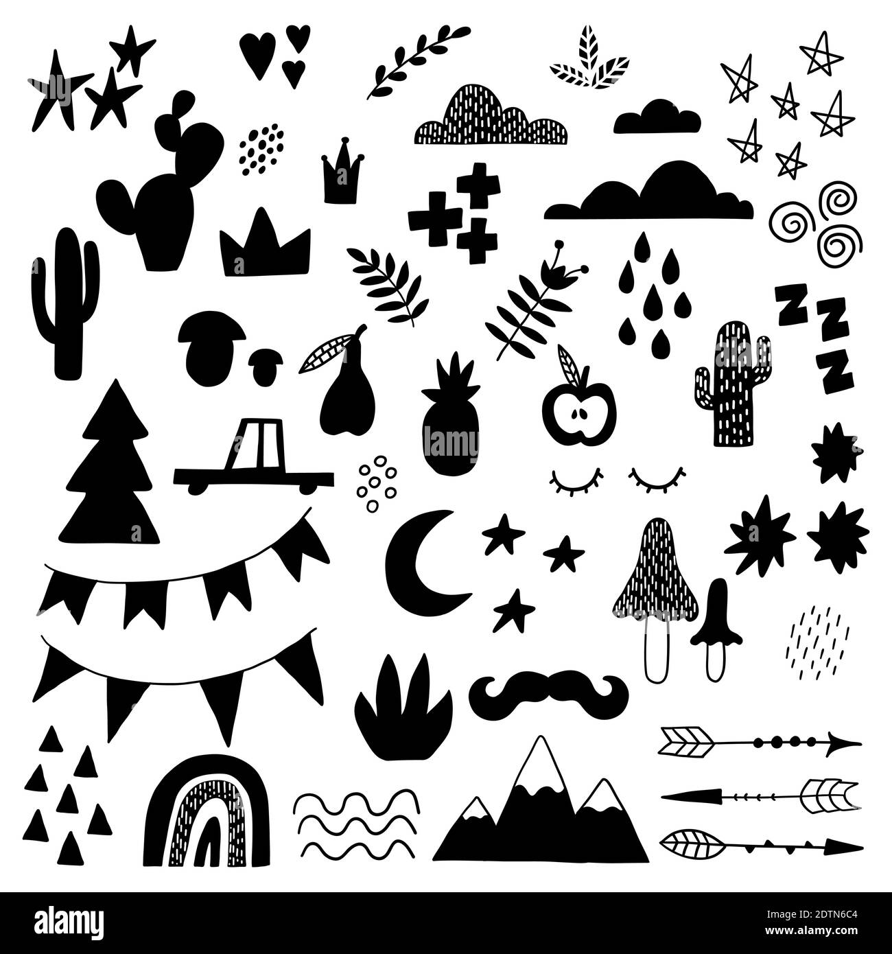 Dooodle géométrique abstrait tendance scandinave formes noires. Elemens monochromes dessinés à la main pour enfants en tissu textile. Illustration de Vecteur