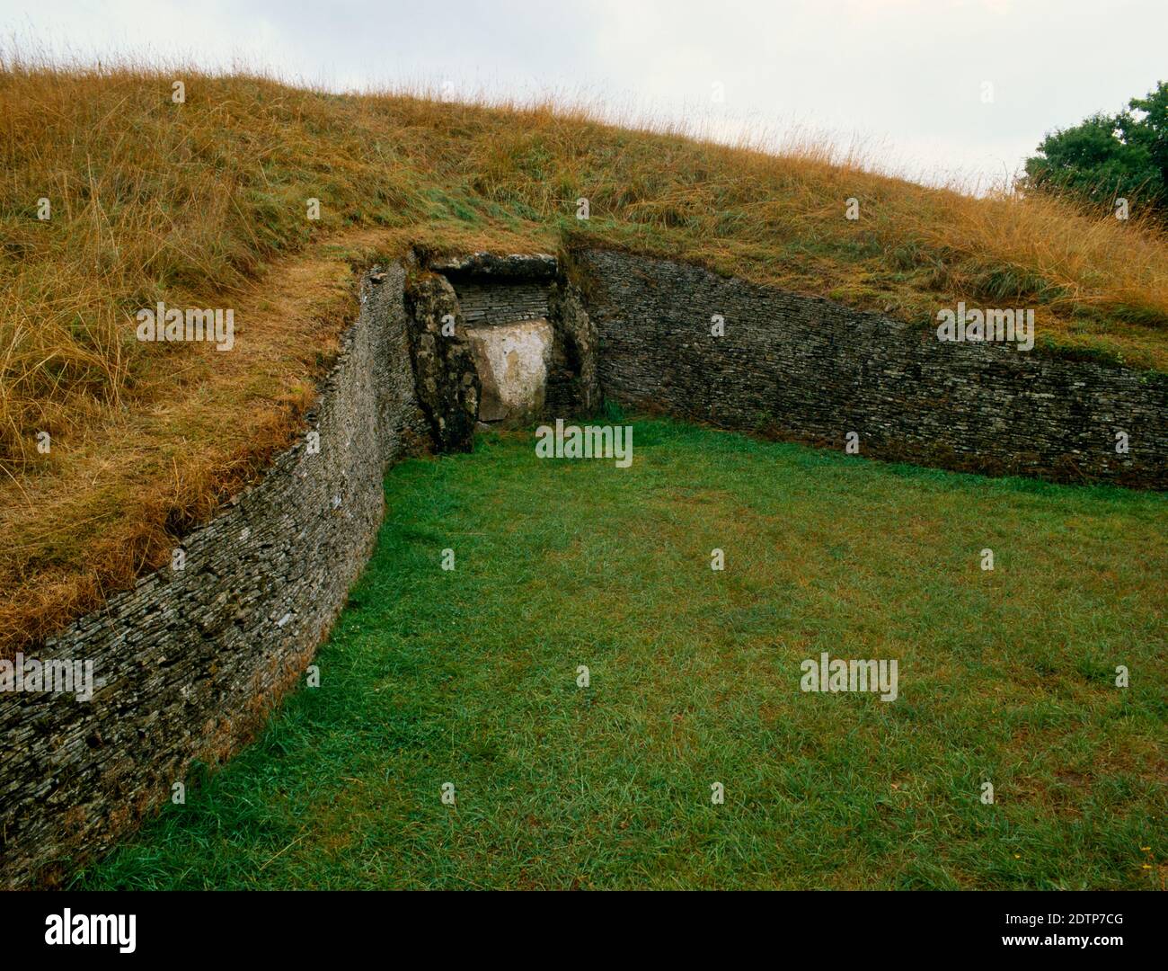 Voir SW du parvis à cornes et fausse entrée à l'extrémité N de Belas Knap Cotswold-Severn long barrow néolithique, Gloucestershire, Angleterre, Royaume-Uni. Banque D'Images