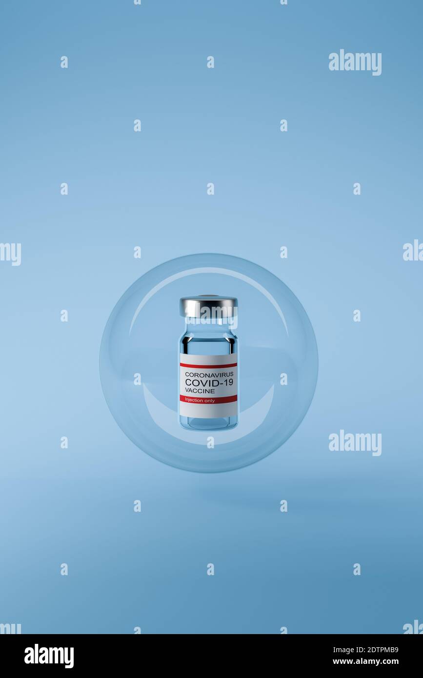 illustration 3d. Coronavirus et flacon de vaccin Covid-19 protégés sur un bouclier sphérique transparent Banque D'Images