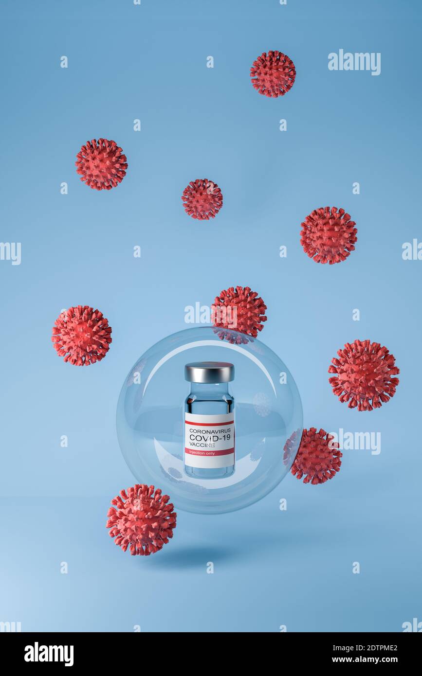 illustration 3d. Coronavirus et flacon de vaccin Covid-19 protégés sur un bouclier sphérique transparent. Attaque du coronavirus Banque D'Images