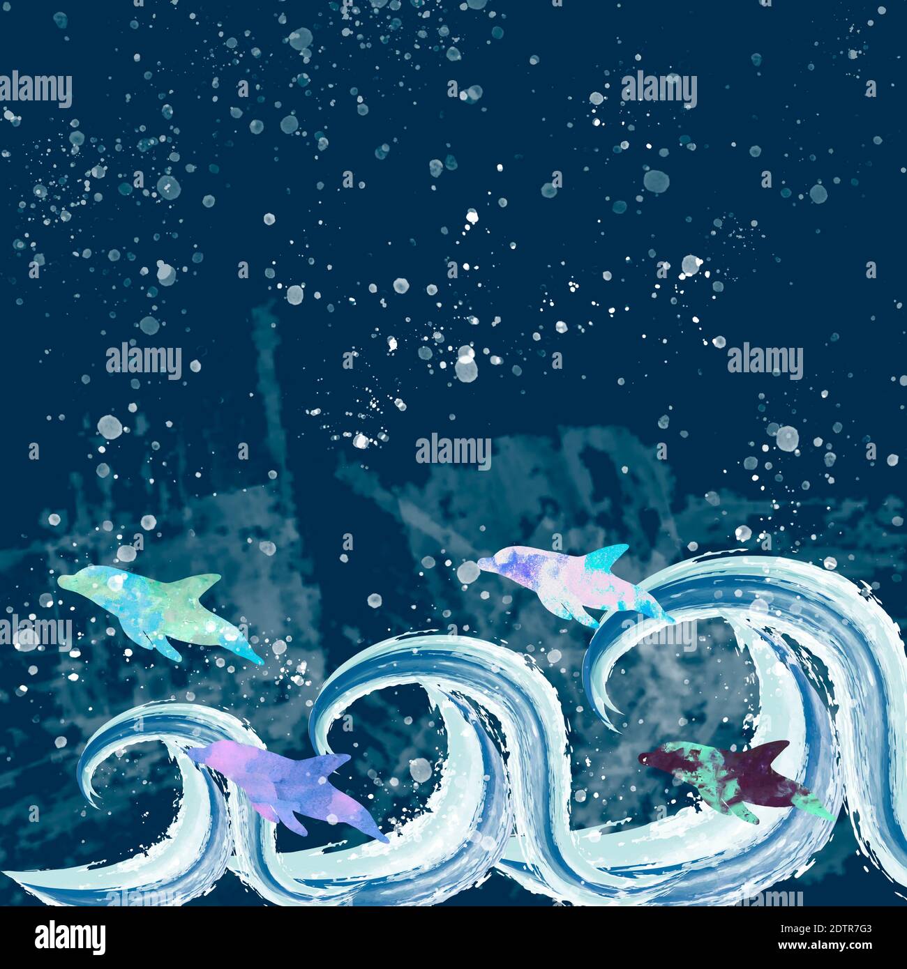 Dauphins dans la mer de nuit. Dauphin d'aquarelle et vagues. Illustration dessinée à la main. Dessin abstrait animaux de mer. Élément art pour la conception. Banque D'Images