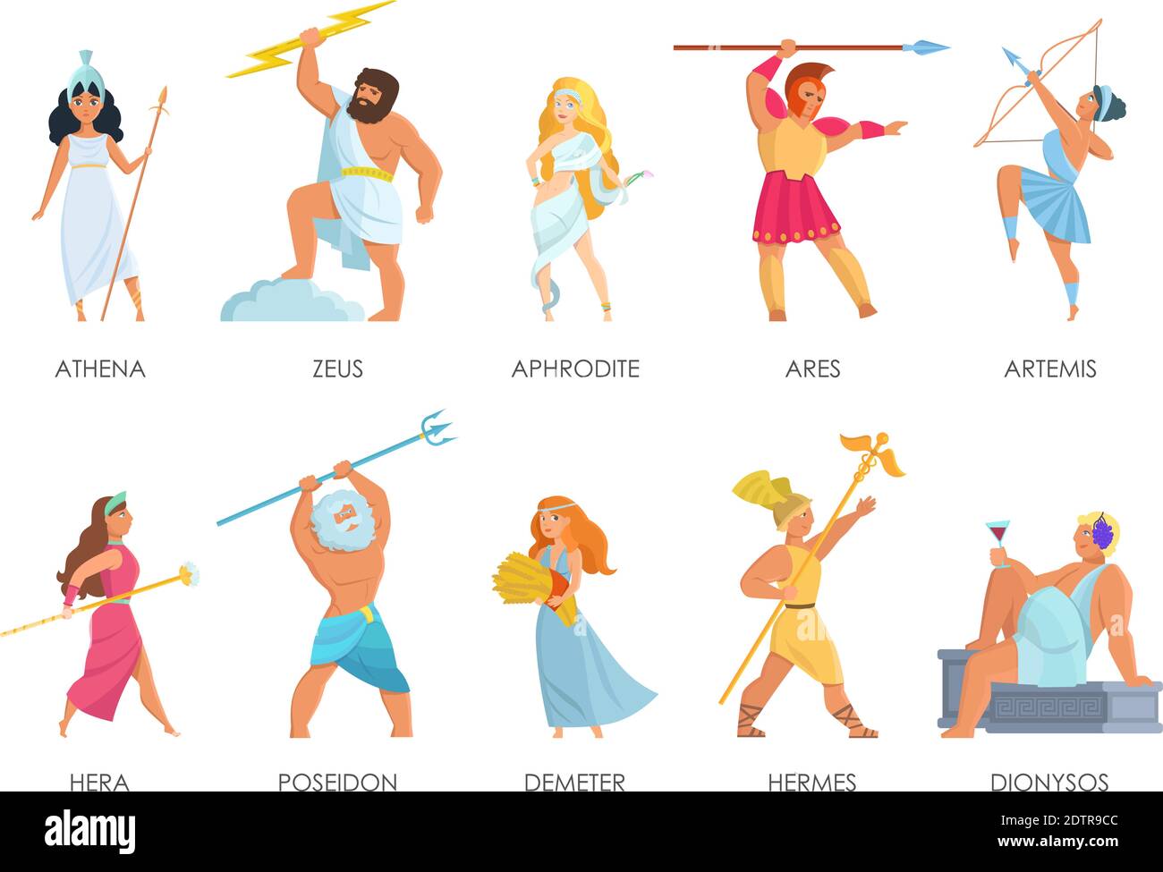 Ensemble vectoriel de panthéon olympique. Dieux grecs et déesses style de dessin animé Illustration de Vecteur
