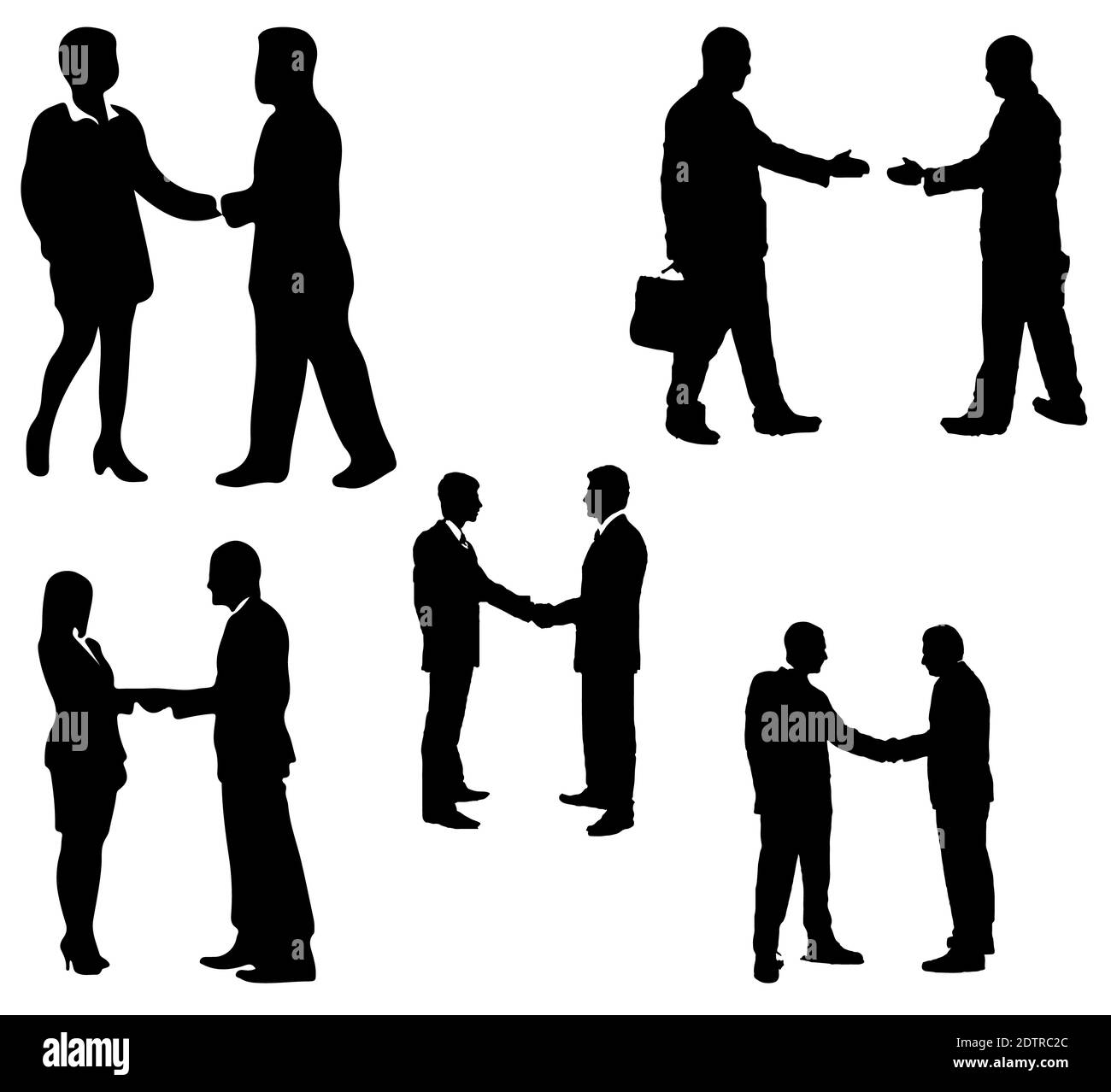 Un ensemble de silhouettes de partenaires d'affaires qui se secouent les mains isolées sur fond blanc Banque D'Images