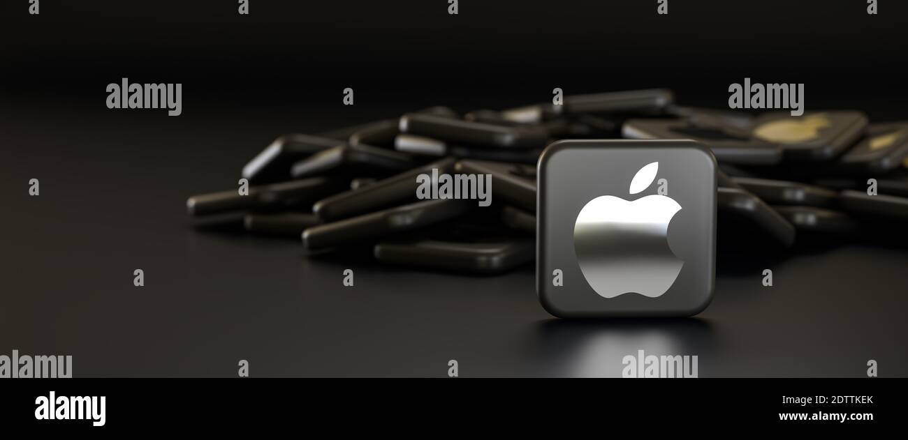 Logos de la société Apple en noir et argent sur un tas. Une tuile debout devant. Taille de la bannière Web avec espace de copie - mise au point sélective Banque D'Images