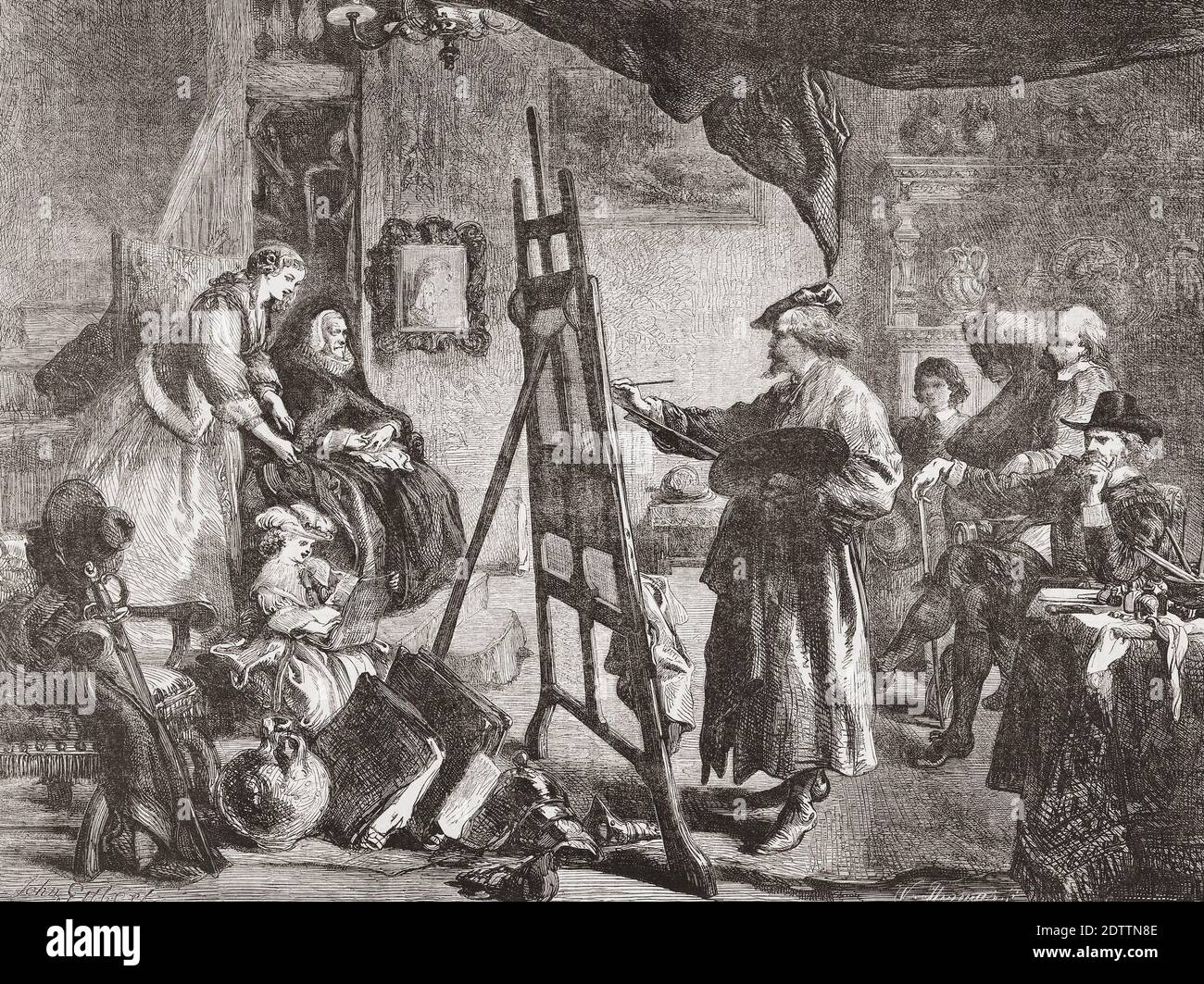 Rembrandt dans son studio. Rembrandt Harmenszoon van Rijn, 1606 - 1669. Artiste néerlandais. Après une gravure de William Luson Thomas d'une oeuvre de Sir John Gilbert. Banque D'Images