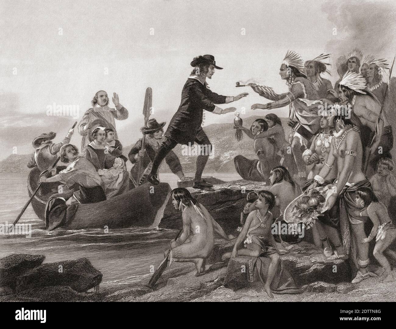 Roger Williams, c.1603 - 1683. Essayiste anglais, ecclésiaste, pamphlétaire et écrivain religieux. Fondateur de la colonie de Rhode Island. Voici accueilli par les indiens Narragansett alors qu'il marche sur ce qui deviendrait la colonie du Rhode Island. Après une gravure de George Hall à partir d'une oeuvre d'Alonzo Chappel. Banque D'Images