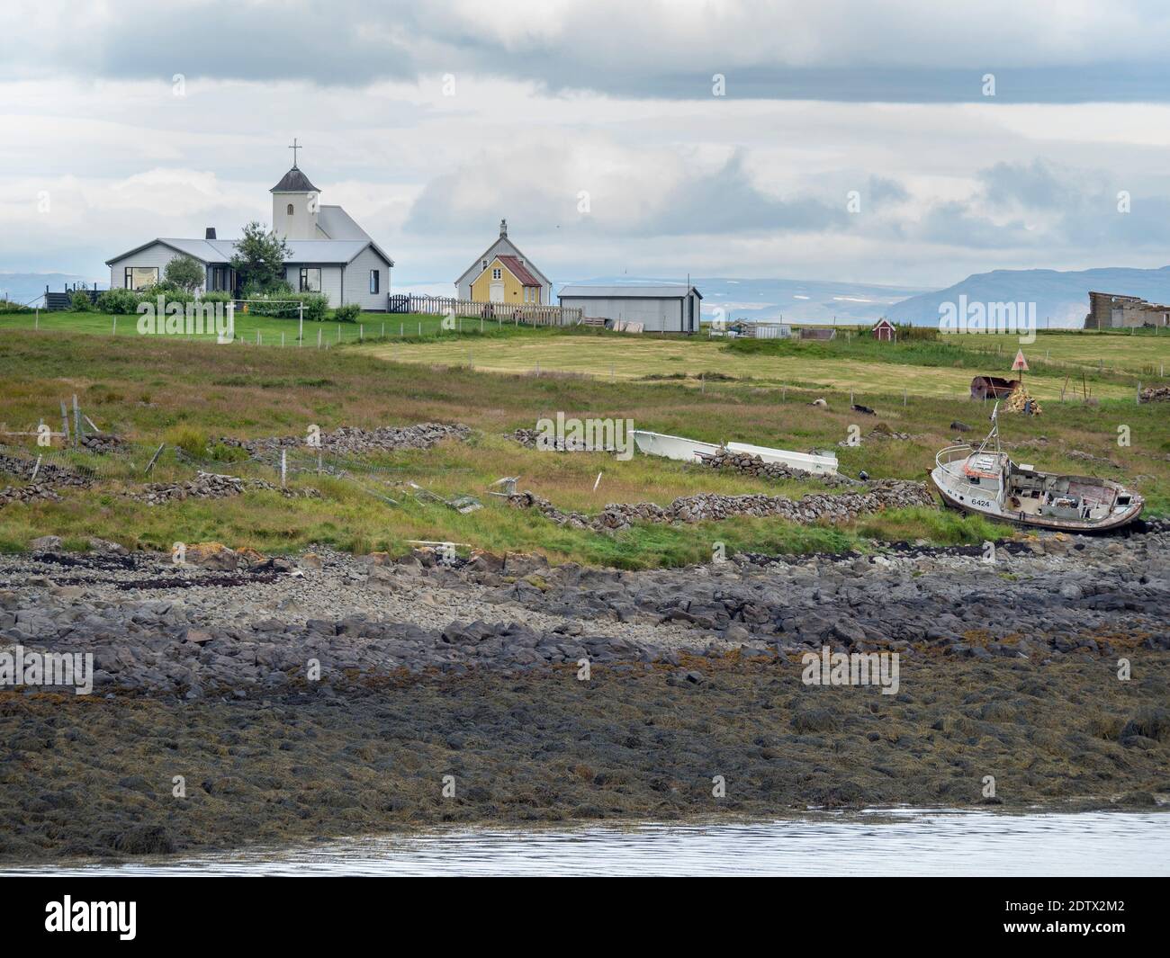 Île Flatey à Breidafjoerdur entre Westfjords et Snaefellsnes. Village de Stykkisholmur sur peninsuala Snaefellsnes dans l'ouest de l'Islande. Europe, Banque D'Images