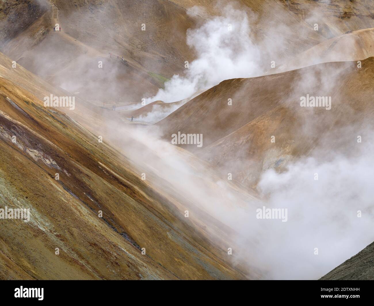 Randonneurs dans la zone géothermique Hveradalir dans les montagnes Kerlingarfjoell dans les hautes terres de l'Islande. Europe, Europe du Nord, Islande, août Banque D'Images
