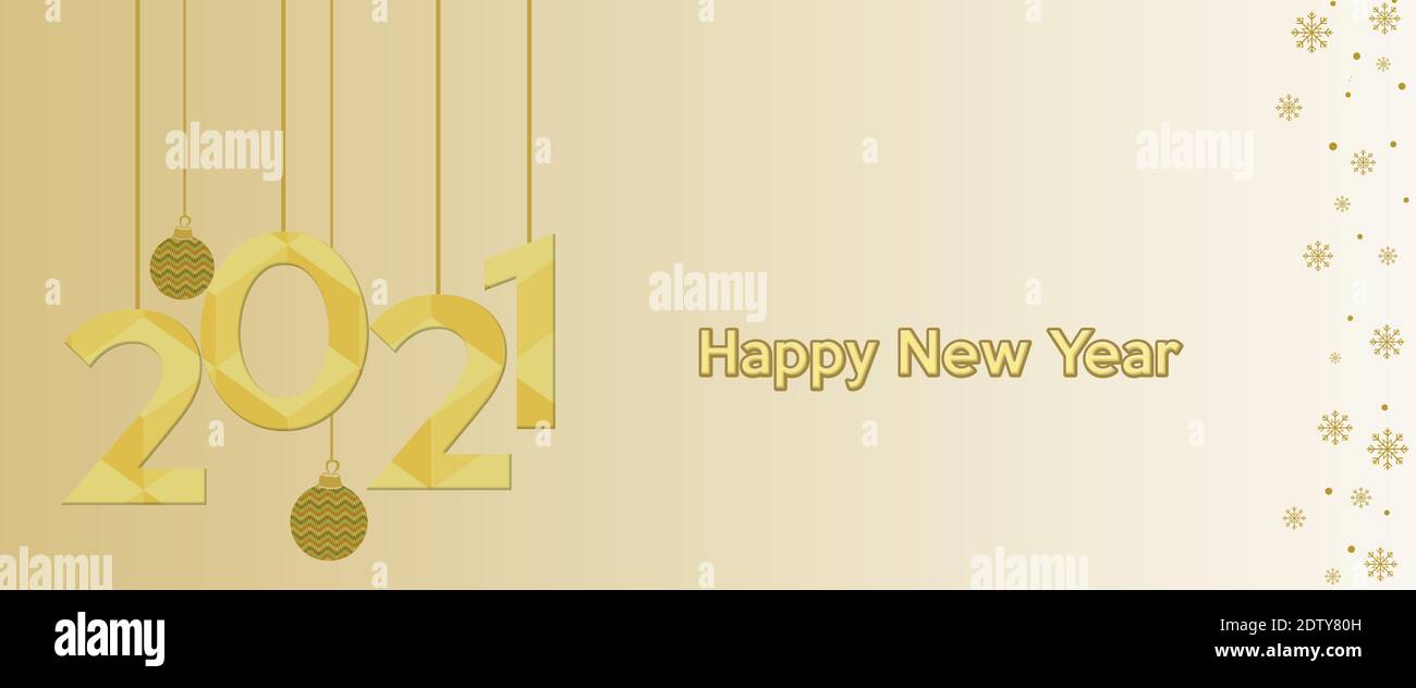 2021 carte de vœux du nouvel an mise en page modèle sur fond dégradé or avec boule suspendue, flocons de neige, texte du nouvel an heureux. Banque D'Images