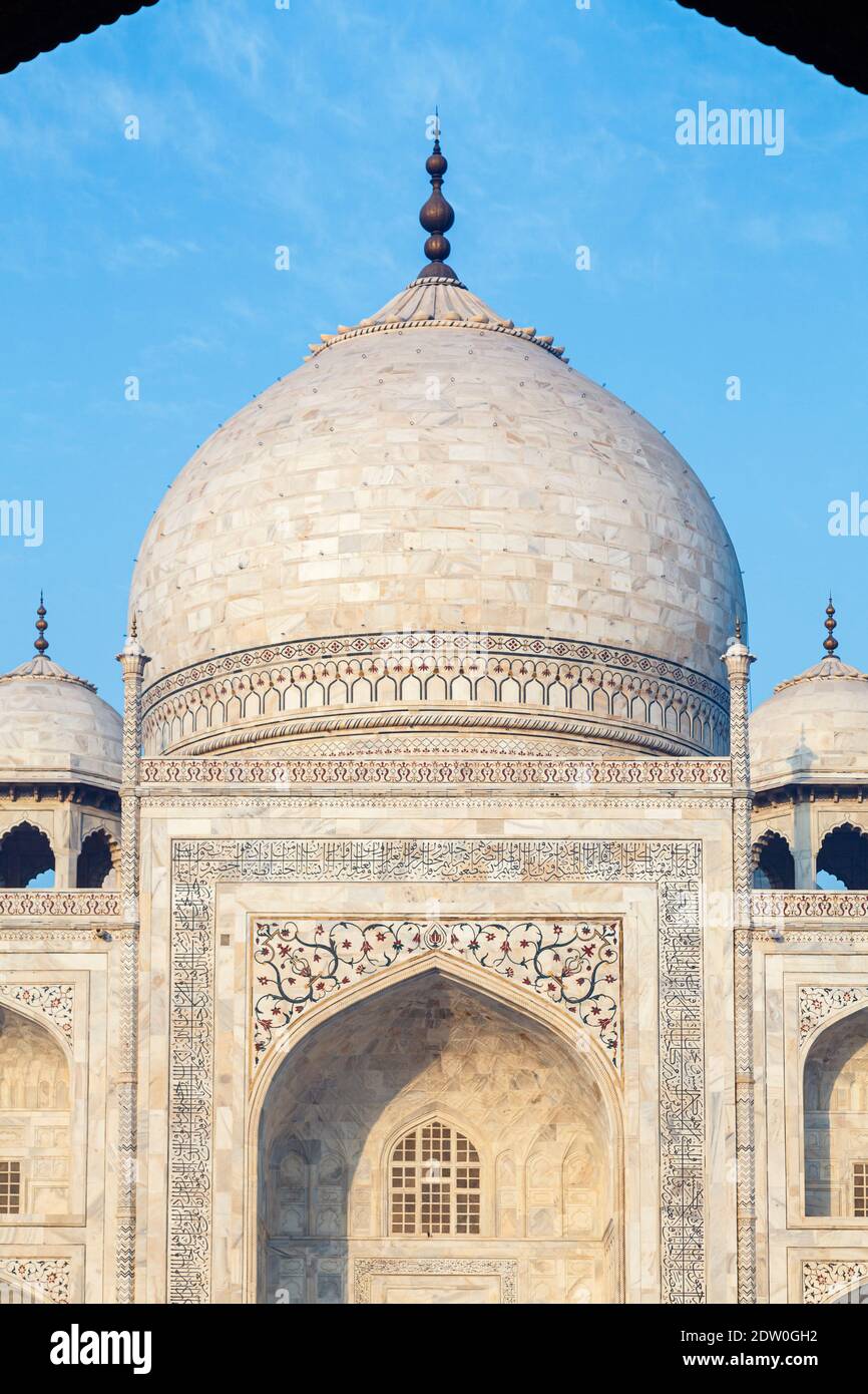 Vue à la lumière du matin de l'emblématique Taj Mahal avec pietra dura inlay, un mausolée en marbre blanc tombeau de Mumtaz Mahal, Agra, état indien de l'Uttar Pradesh Banque D'Images