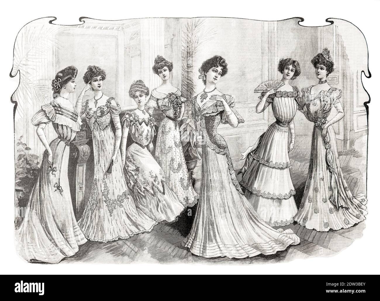 Femmes portant des vêtements de fête vintage. Page de magazine de mode antique de 1902, France, Paris Banque D'Images