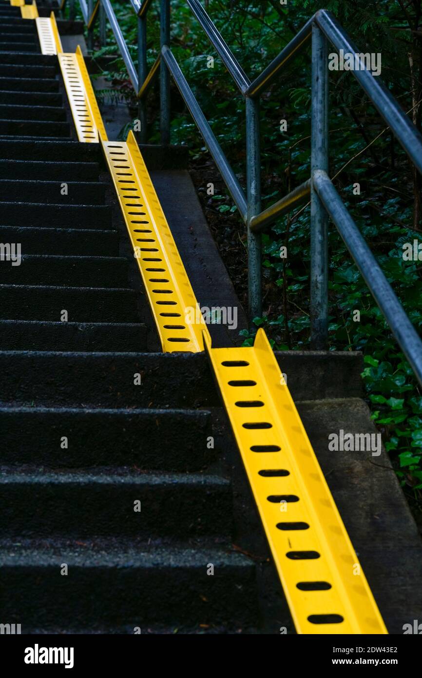 Escaliers avec rampe d'assistance à bicyclette, Murdo Frazer Park, District de North Vancouver, Colombie-Britannique, Canada Banque D'Images