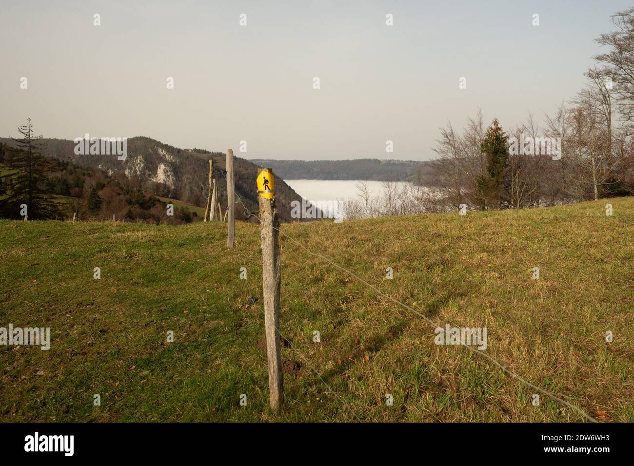 Vue depuis le sentier de randonnée jusqu'à Chasseral sur les collines et les vallées rempli de brouillard Banque D'Images
