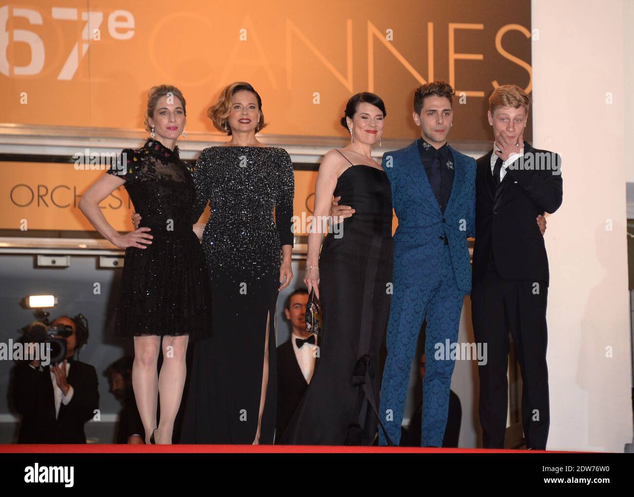 Directeur Xavier Dolan, Anne Dorval, Antoine Olivier Pilon, Suzanne Clement arrivée au Palais des Festivals pour la projection du film Mummy dans le cadre du 67e Festival de Cannes, le 22 mai 2014. Photo de Nicolas Briquet/ABACAPRESS.COM Banque D'Images