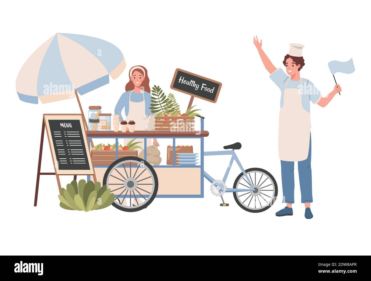 Chariot de rue avec des aliments et des boissons sains illustration à plat vectorielle. Une femme heureuse qui vend des aliments naturels sains et du café, un homme souriant invite les clients à leur chariot. Concept de Street Healthy Food. Illustration de Vecteur