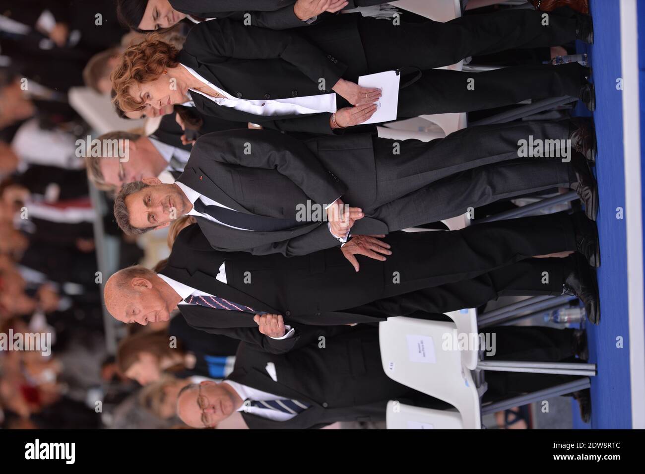 Nicolas Sarkozy, Valéry Giscard d'Estaing et Edith Cresson assistent à la cérémonie internationale à Sword Beach à Ouistreham, dans le cadre des cérémonies officielles à l'occasion du 70e anniversaire du débarquement, le 6 juin 2014 en Normandie, en France. Photo de Abd Rabbo-Bernard-Gouhier-Mousse/ABACAPRESS.COM Banque D'Images