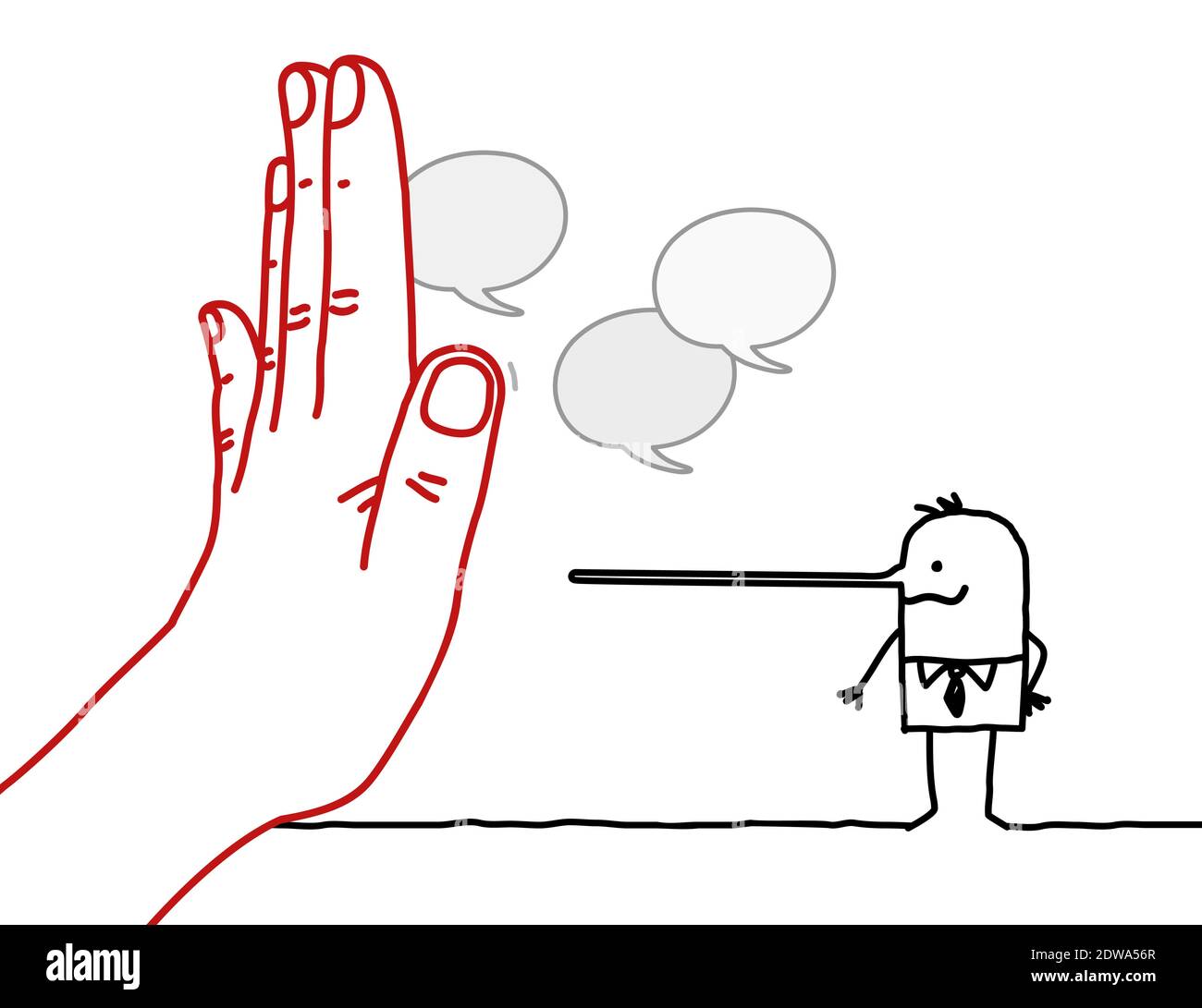Main tirée à la main avec personnage de dessin animé - panneau stop Face à un homme Liar avec un long nez Illustration de Vecteur