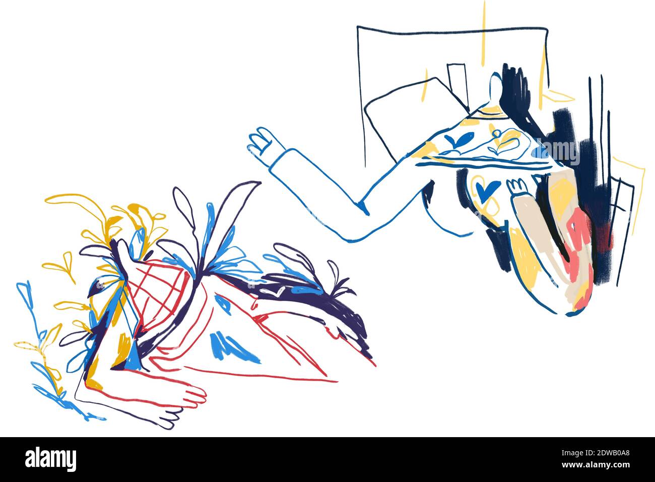 Art de ligne et personnes abstraites colorées, expressionnisme et style d'art Keith Haring. Deux personnes se voient. Dessin de peinture avec ligne de couleur et est Banque D'Images