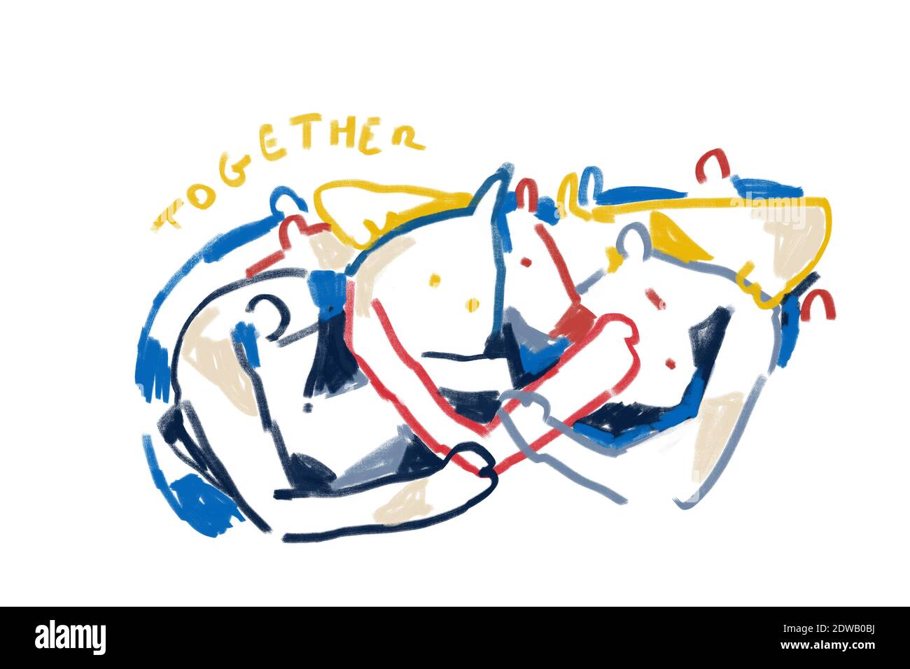 Personnes abstraites colorées, expressionnisme et style d'art Keith Haring. Personnes avec mention ensemble. Dessin de peinture avec couleur primaire, pour impression et W Banque D'Images