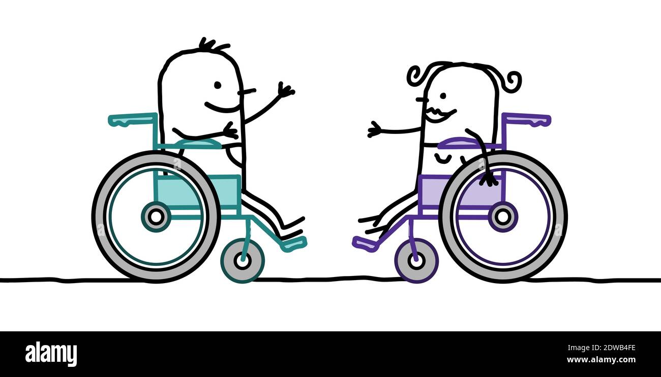 Un couple de personnes handicapées tirées à la main fait face à des fauteuils roulants Illustration de Vecteur